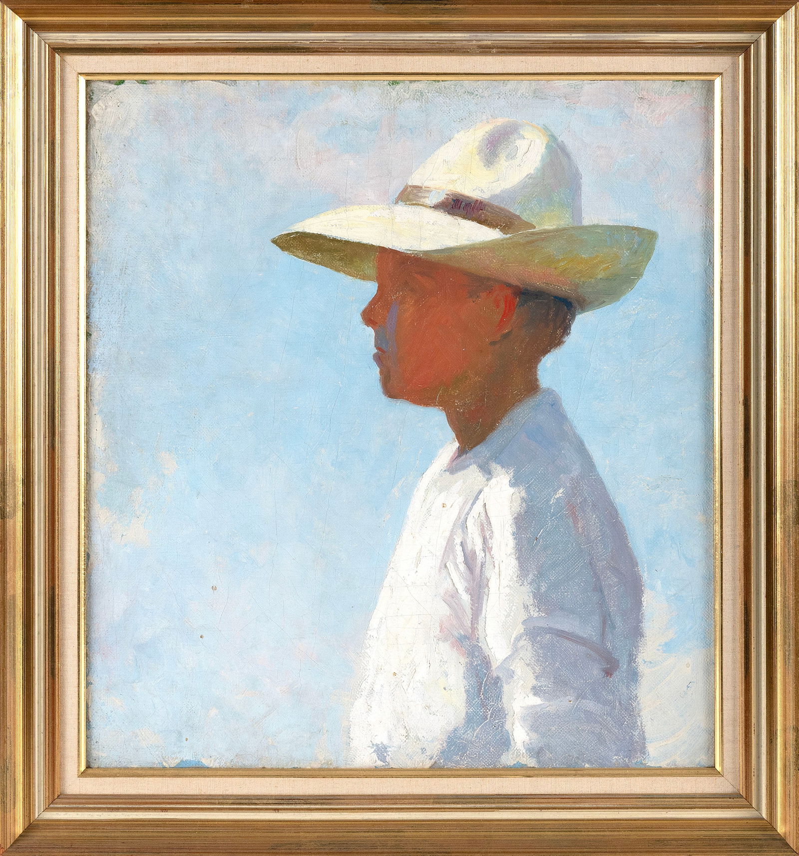 PROVINCETOWN SCHOOL (20th Century,), Mudhead portrait of a boy in a hat., Oil on canvas, 20" x 18".: PROVINCETOWN SCHOOL20th CenturyMudhead portrait of a boy in a hat. Unsigned.Oil on canvas, 20" x 18". Framed 24.5" x 22.5". Provenance:Private Collection, Cape Cod, Massachusetts