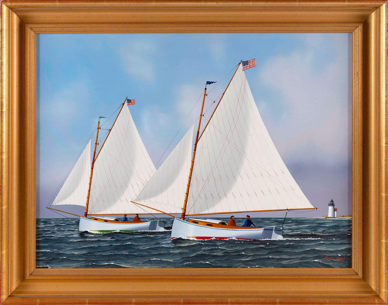 JEROME HOWES (New York/Massachusetts, 1955-), Two catboats racing., Oil on board, 18" x 24". Framed (1 of 2)
