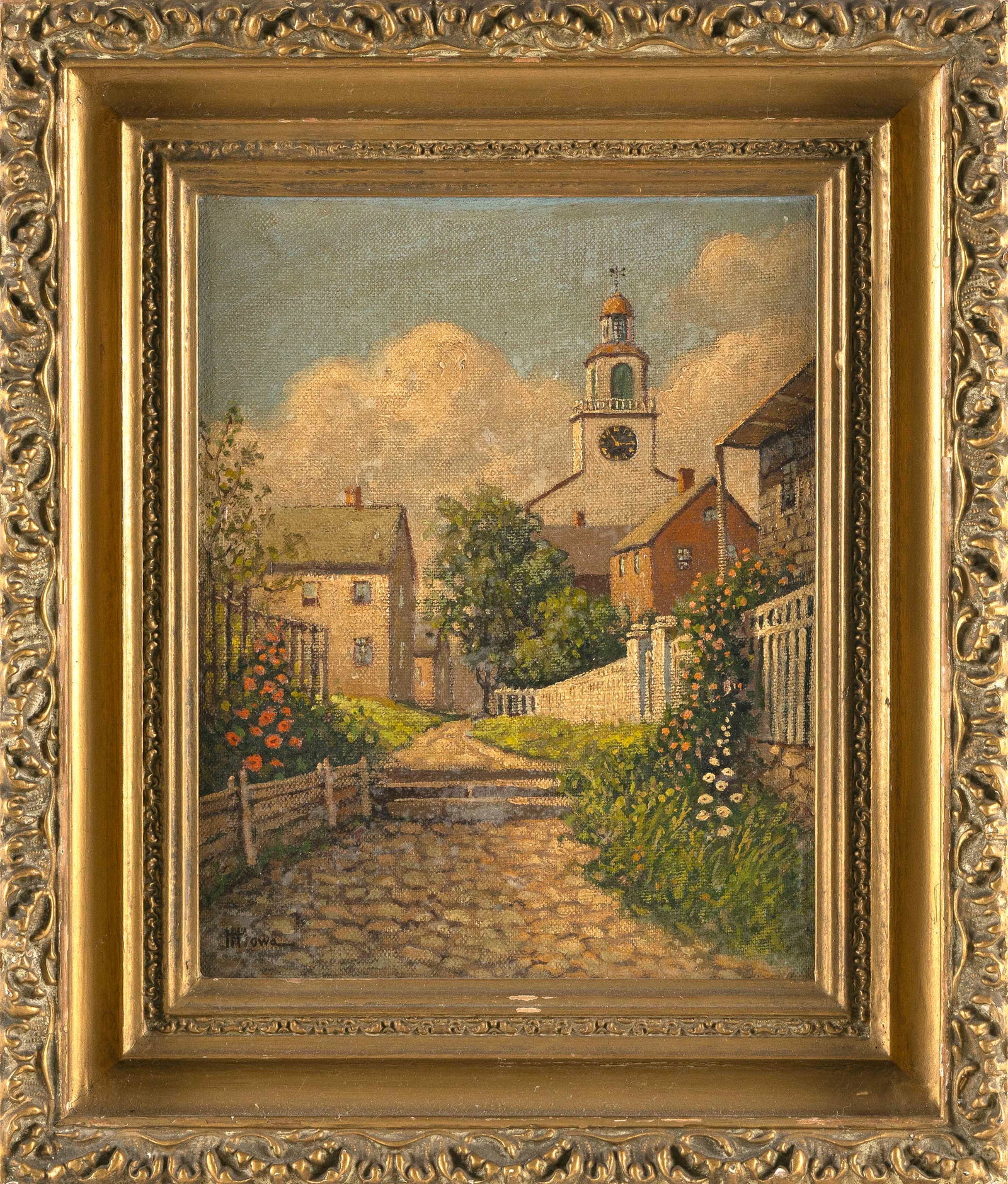 HARRY HAMBRO HOWE (Massachusetts/Maine, 1886-1968), Stone Alley, Nantucket, Massachusetts., Oil on: HARRY HAMBRO HOWE Massachusetts/Maine, 1886-1968 Stone Alley, Nantucket, Massachusetts. Signed lower left "H. Howe". Oil on canvas laid on board, 14" x 11". Framed 20" x 17".