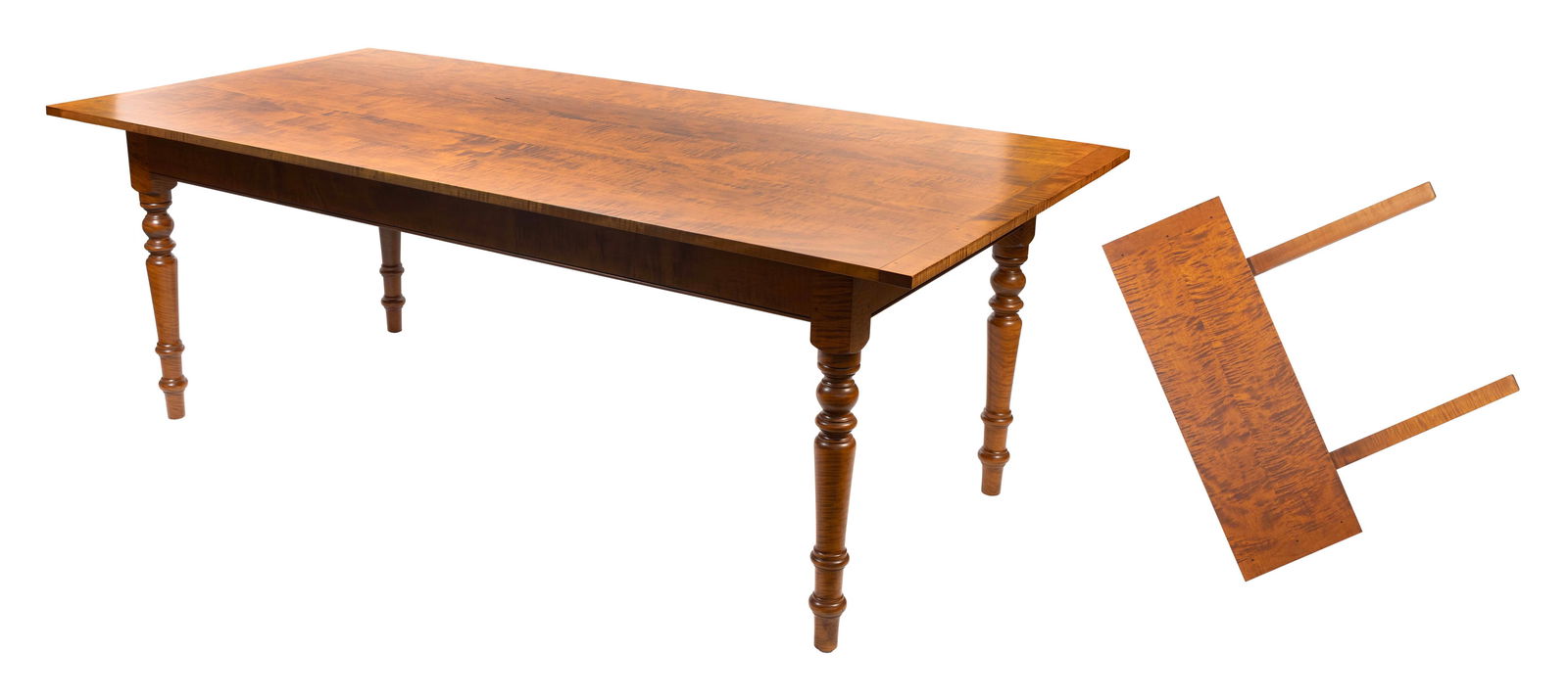 ELDRED WHEELER HARVEST TABLE Massachusetts, 20th Century Height 30". Length 84" plus one 14" leaf.: ELDRED WHEELER HARVEST TABLEMassachusetts, 20th CenturyIn tiger maple. Turned legs. Eldred Wheeler brand on underside.Height 30". Length 84" plus one 14" leaf. Width 40.5".