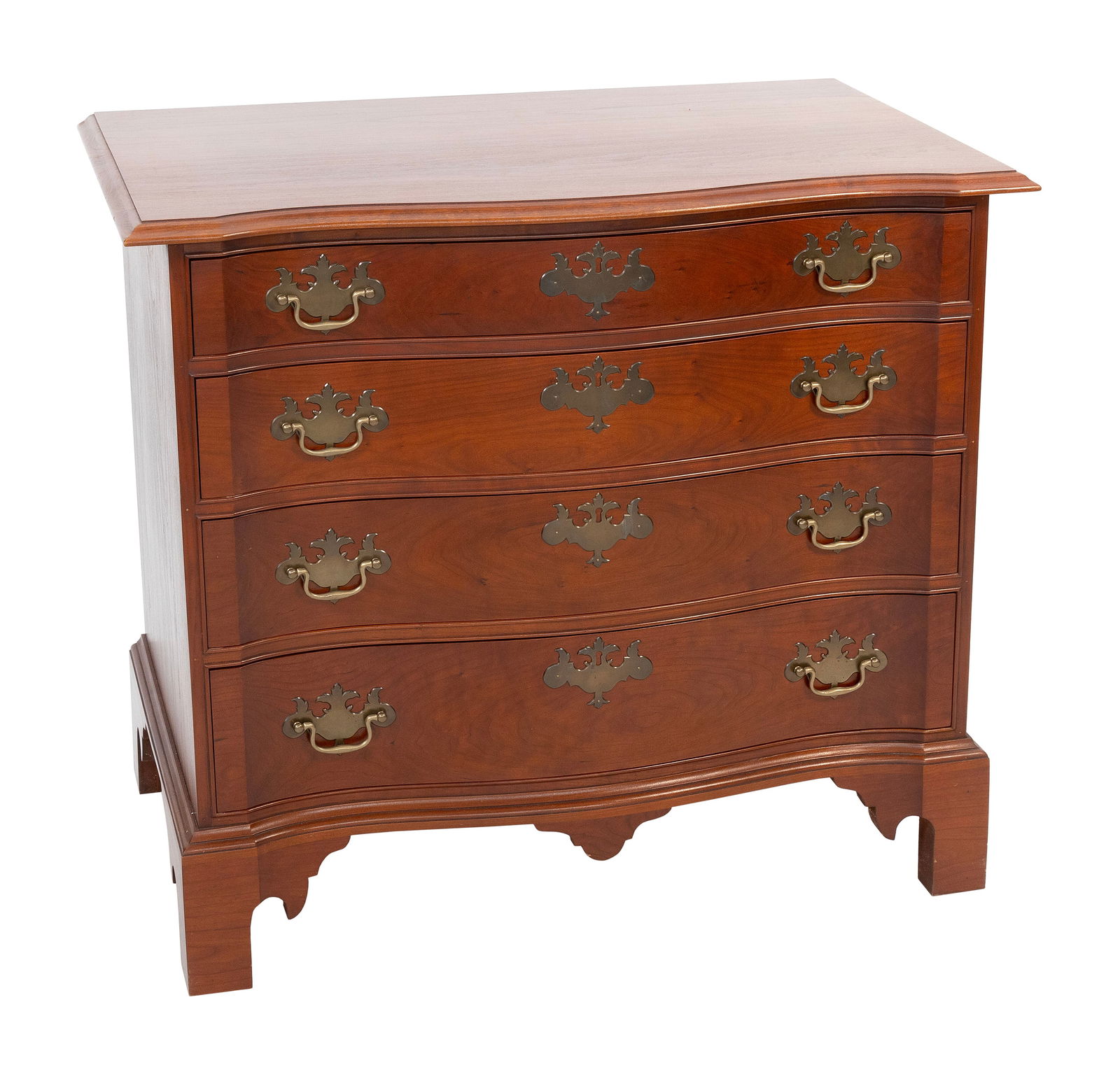 ELDRED WHEELER SERPENTINE BUREAU Massachusetts, 20th Century Height 32.5". Width 37.5". Depth 21".: ELDRED WHEELER SERPENTINE BUREAUMassachusetts, 20th CenturyIn cherry, with four graduated full-width drawers and a shaped bracket base. Original Eldred Wheeler paper label.Height 32.5". Width 37.5". D