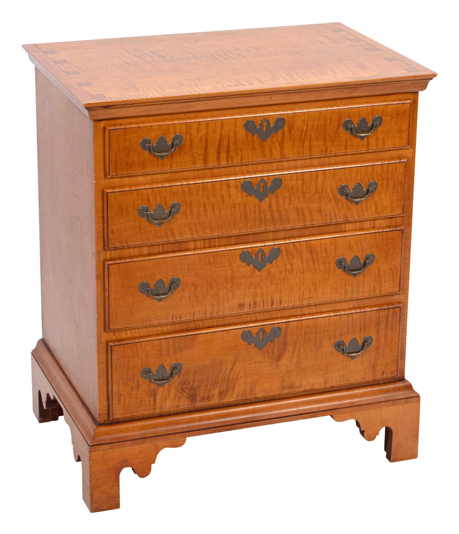 ELDRED WHEELER NIGHTSTAND Massachusetts, 20th Century Height 28.5". Width 24". Depth 16".: ELDRED WHEELER NIGHTSTANDMassachusetts, 20th CenturyIn tiger maple, with four full-width drawers and a shaped flat bracket base. Original Eldred Wheeler label inside a drawer.Height 28.5". Width 24".