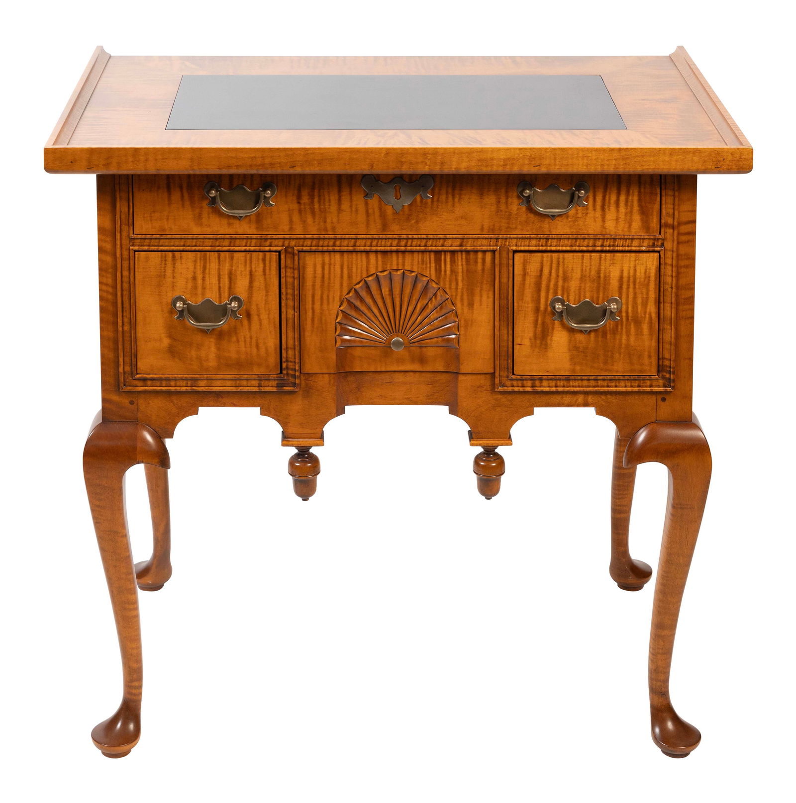 ELDRED WHEELER LOWBOY Massachusetts, 20th Century Height 31". Width 31.5". Depth 20".: ELDRED WHEELER LOWBOYMassachusetts, 20th CenturyIn tiger maple, the top inset with slate. Full-width drawer over three side-by-side drawers, the central with shell carving. Cabriole legs end in pad fe