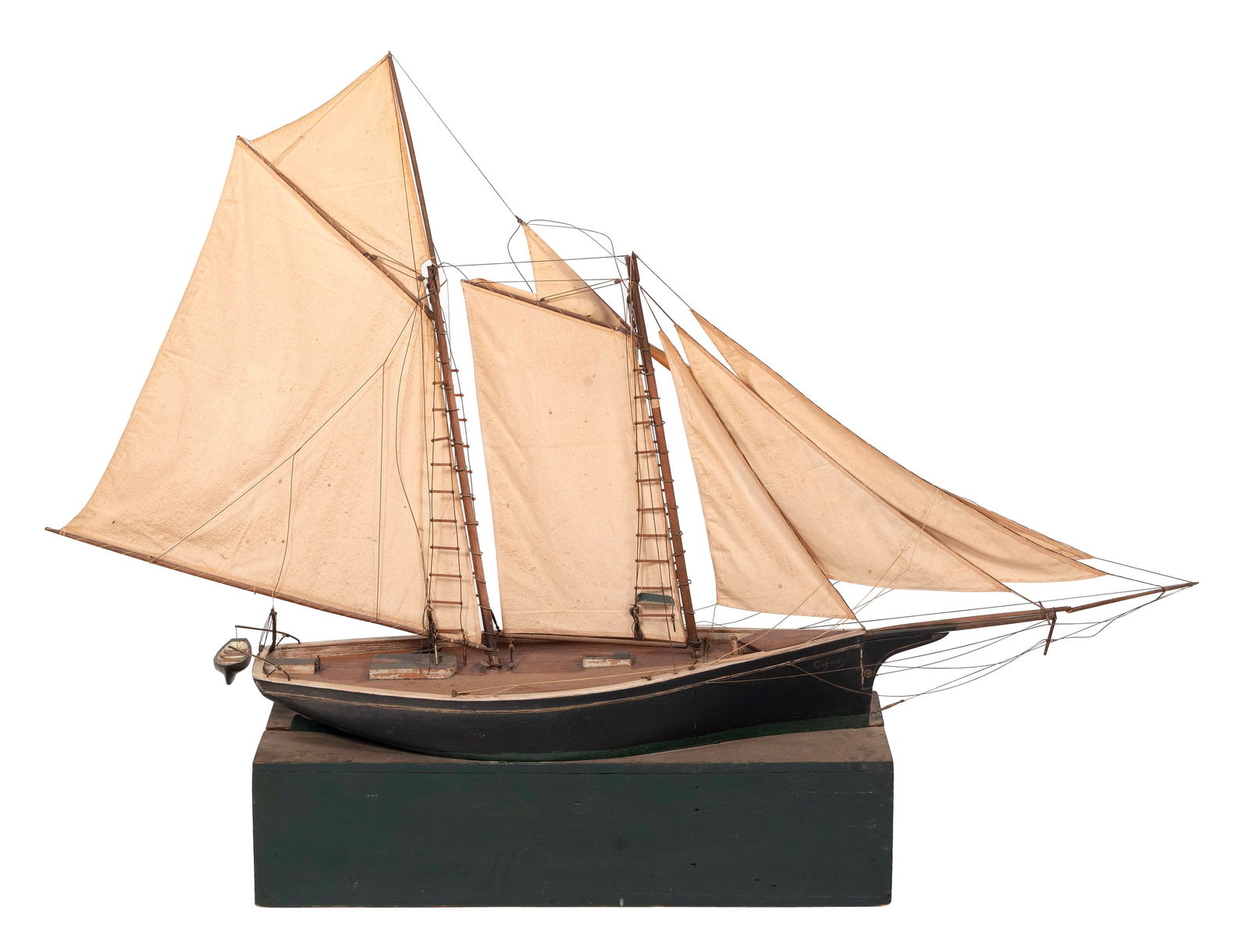 SAILOR-MADE MODEL OF A TWO-MASTED SCHOONER Late 19th Century Height including stand 44". Length 42". (1 of 2)