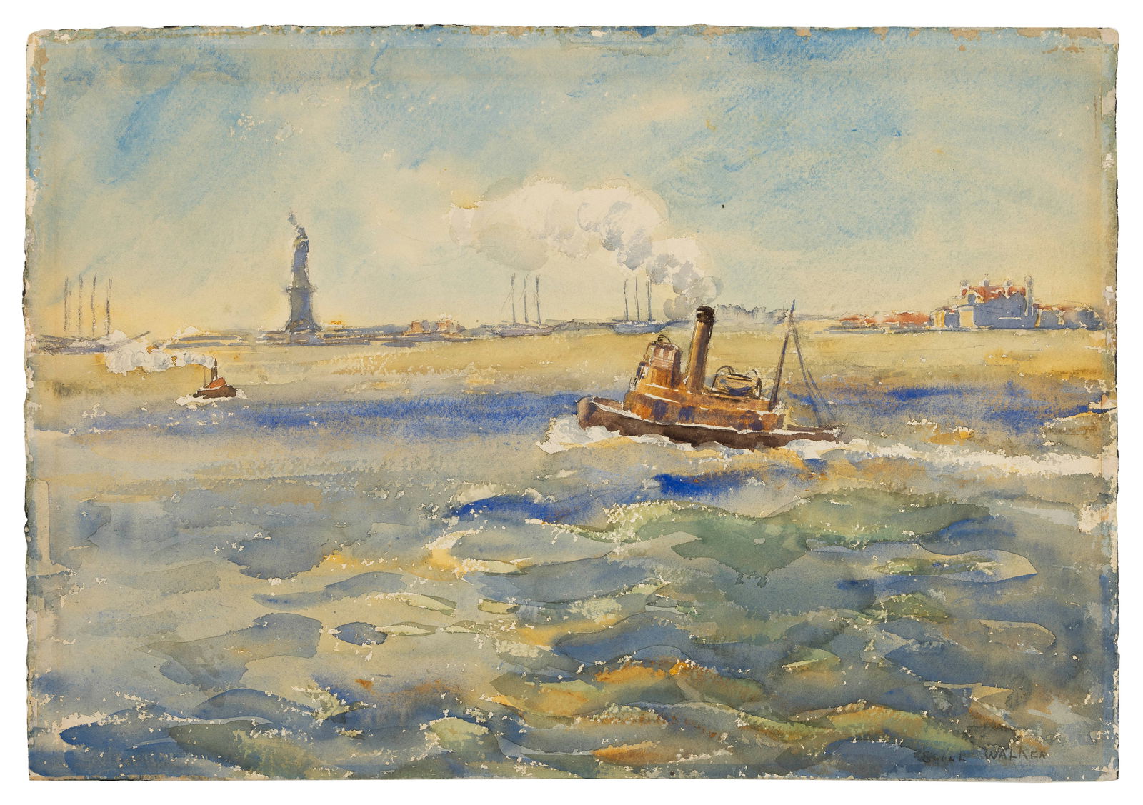 SYBIL WALKER (New York, 1882-), New York Harbor scene with the Statue of Liberty in the distance., (1 of 2)