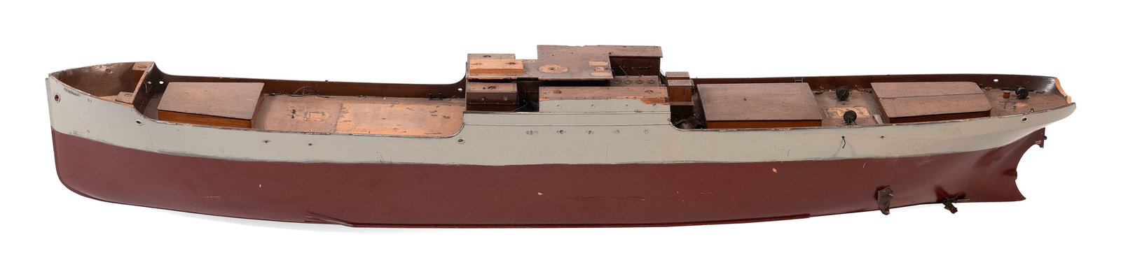 MODEL OF THE MOTOR VESSEL "AMIENS" Early 20th Century Height 9". Length 61.5".: MODEL OF THE MOTOR VESSEL "AMIENS" Early 20th Century As-is condition. Serious gunwale damage and missing deck works. Height 9". Length 61.5".