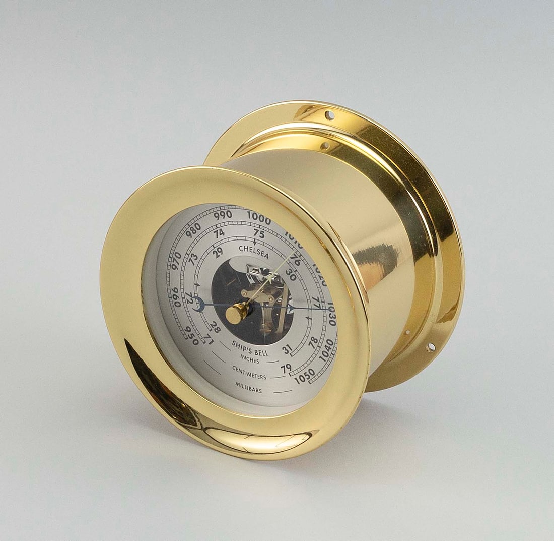 CHELSEA SHIP'S BELL BAROMETER Boston, Late 20th Century Diameter 5.5". Depth 3.5".: CHELSEA SHIP'S BELL BAROMETERBoston, Late 20th CenturyBrass case. Silvered dial marked "Chelsea Ship's Bell". Stamped on reverse "03".Diameter 5.5". Depth 3.5".