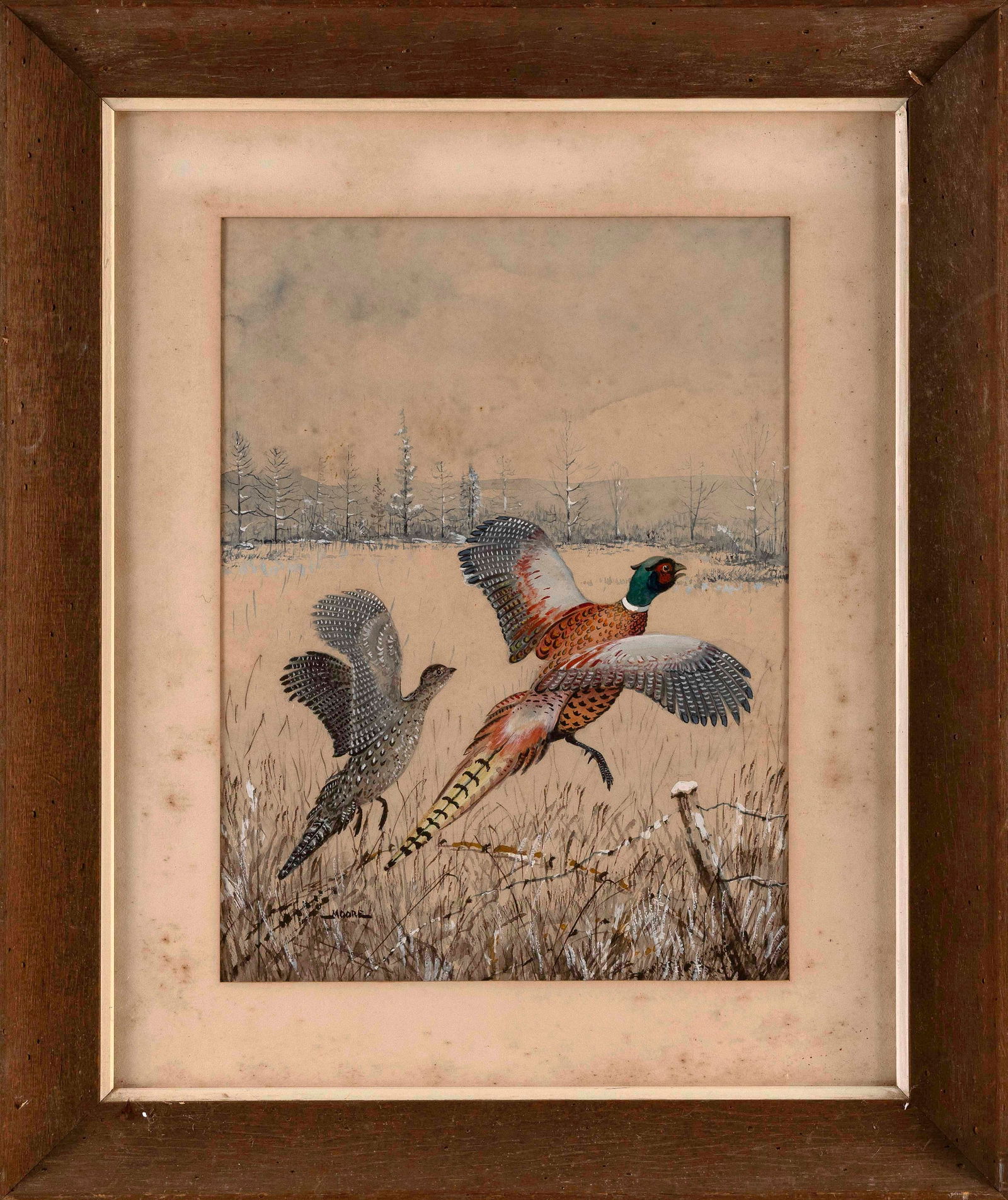JOHN MOORE (America, 20th Century), "Mr. & Mrs. Ring-Necked Pheasant"., Gouache and watercolor on (1 of 2)
