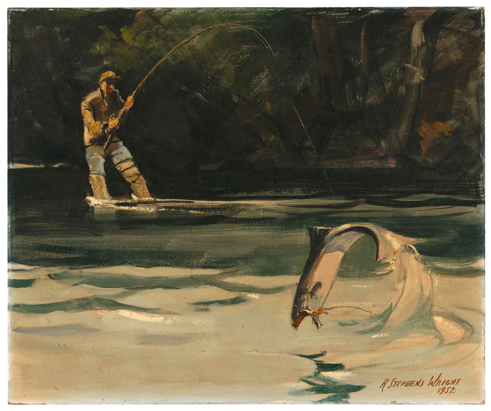 REDMOND STEPHENS WRIGHT (California/Illinois, 1903-1991), Trout fishing., Oil on canvas board, 20" x (1 of 2)