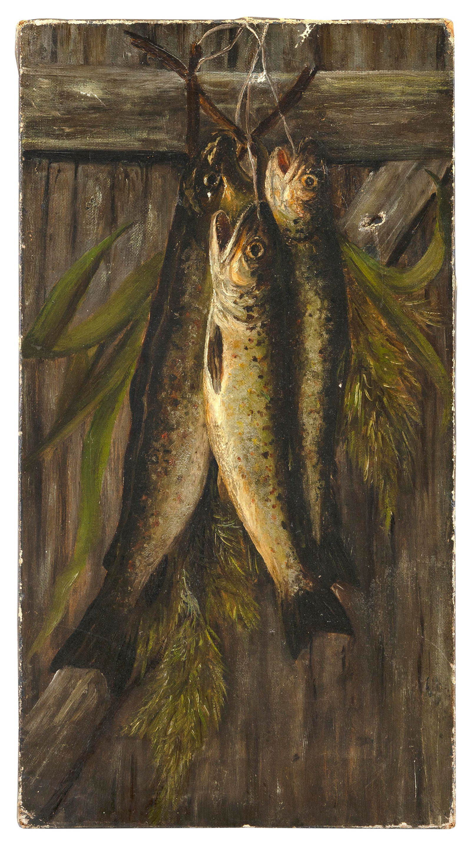 AMERICAN SCHOOL (19th Century,), Still life of hanging trout., Oil on canvas, 17" x 9". Unframed. (1 of 2)