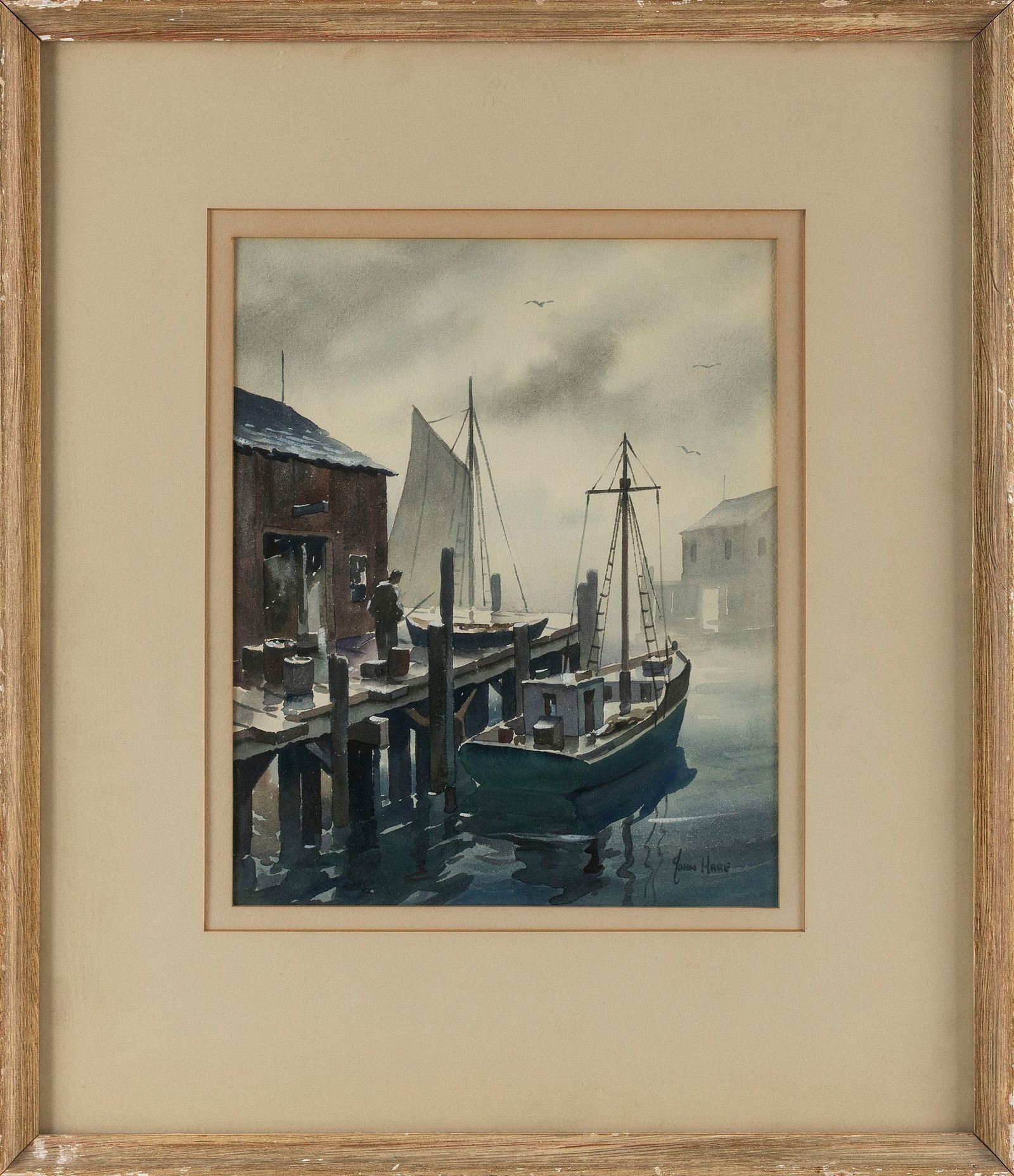 JOHN CUTHBERT HARE (Massachusetts/Florida, 1908-1978), Fishing boats at dock, Provincetown,: JOHN CUTHBERT HAREMassachusetts/Florida, 1908-1978Fishing boats at dock, Provincetown, Massachusetts. Signed lower right "John Hare".Watercolor on paper, 12" x 9.5" sight. Framed 21" x 18".