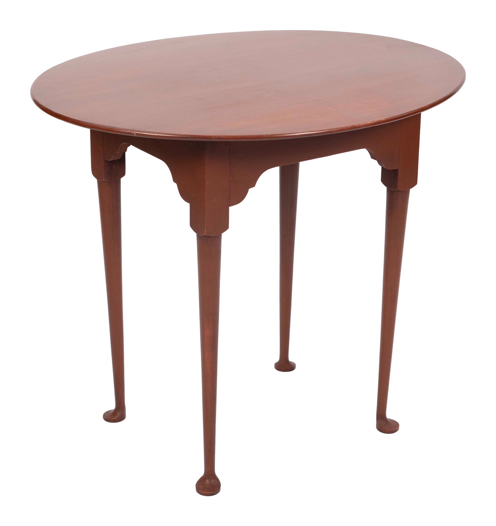 ELDRED WHEELER TAVERN TABLE Massachusetts, 20th Century Height 27". Top 32" x 25.5".: ELDRED WHEELER TAVERN TABLEMassachusetts, 20th CenturyPainted red. Oval top. Tapered legs end in pad feet. Original Eldred Wheeler label on underside.Height 27". Top 32" x 25.5".