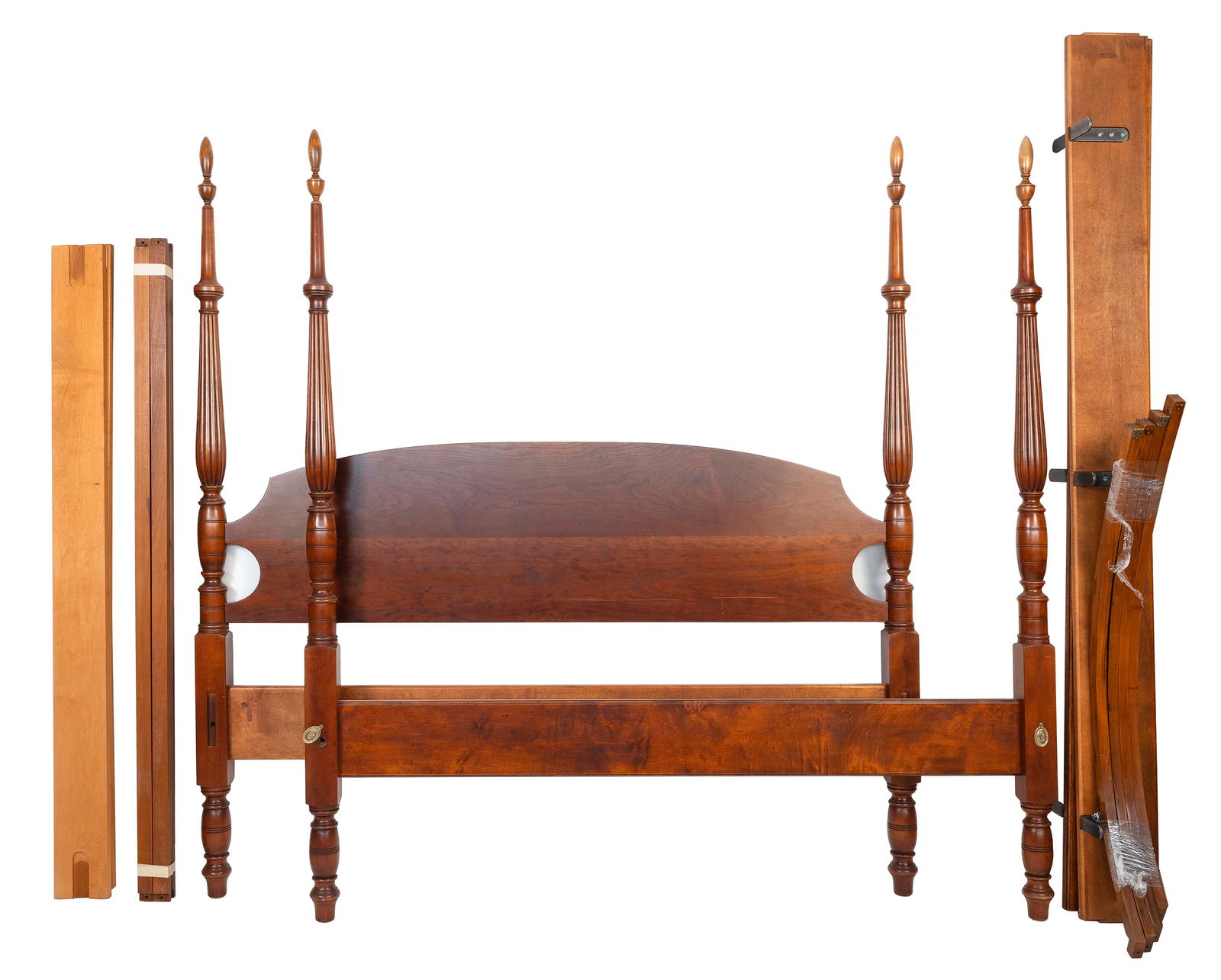 ELDRED WHEELER QUEEN-SIZE BED Massachusetts, 20th Century Headboard height 43.5". Post heights 68".: ELDRED WHEELER QUEEN-SIZE BEDMassachusetts, 20th CenturyIn cherry. Eldred Wheeler stamp on back of headboard. Includes finials, rails and tester.Headboard height 43.5". Post heights 68". Total width 6