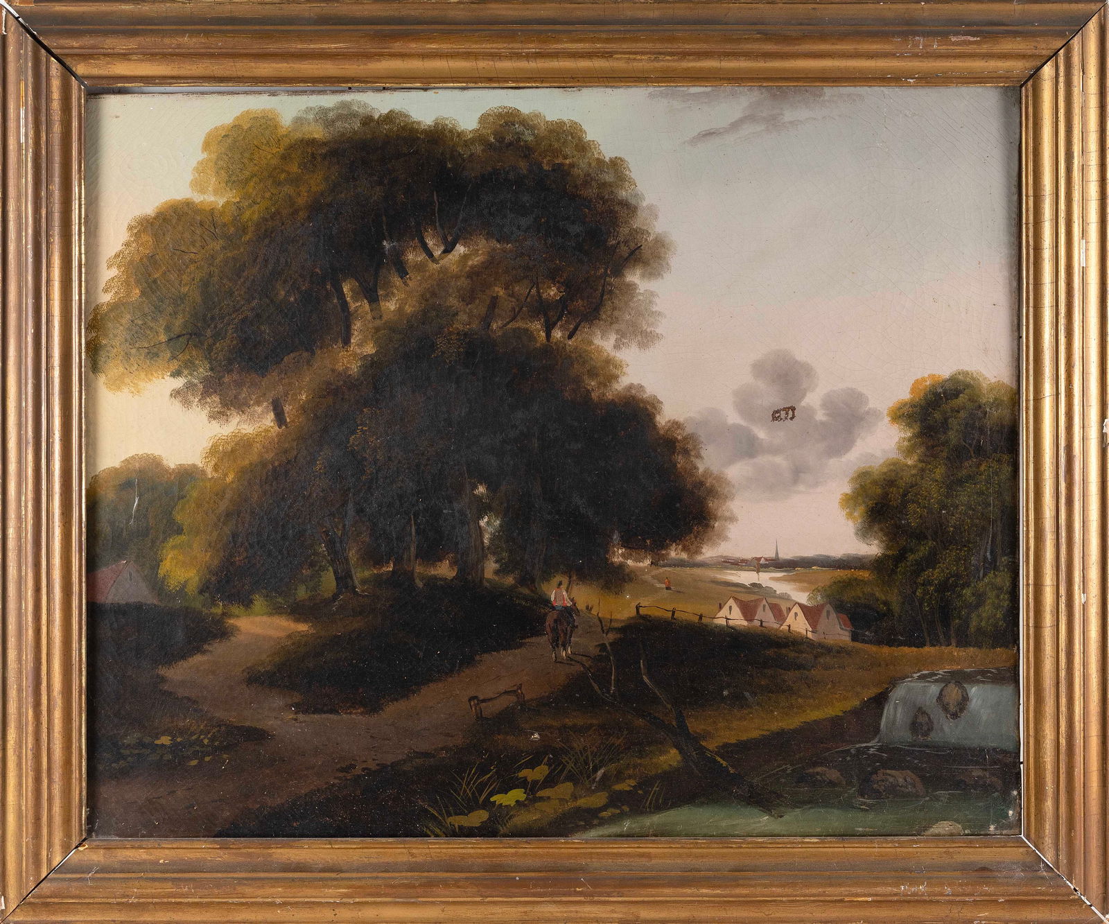 AMERICAN SCHOOL (19th Century,), Figure on horseback riding toward a coastal village., Oil on (1 of 2)