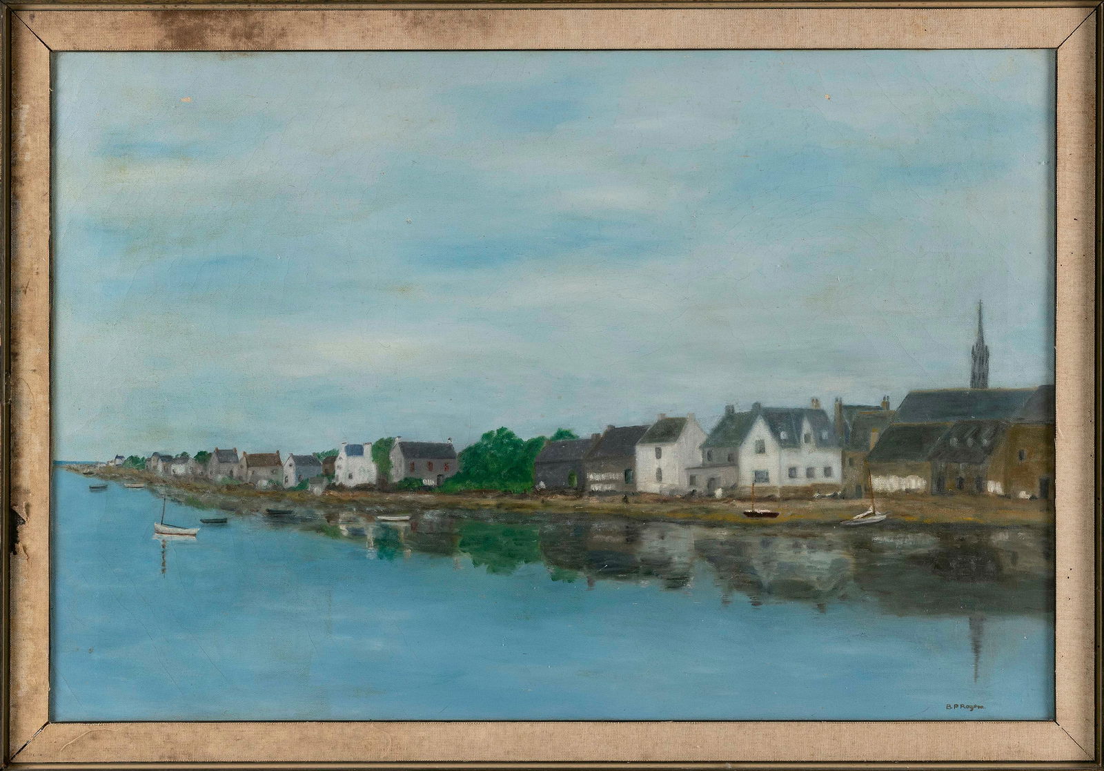 AMERICAN SCHOOL (20th Century,), Houses along the coast., Oil on canvas, 20" x 30". Framed 23" x (1 of 2)