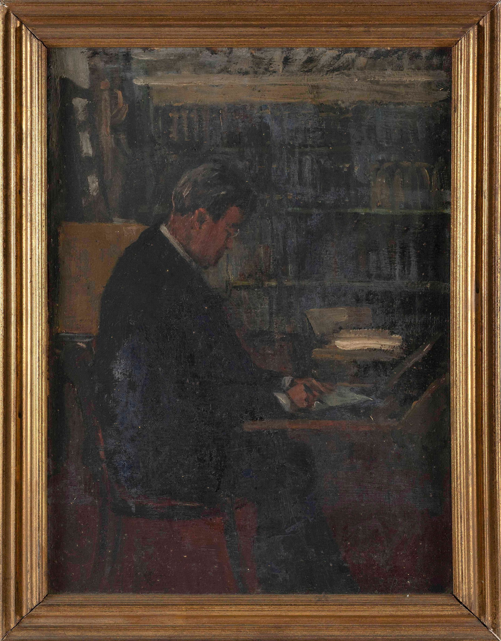 AMERICAN SCHOOL (20th Century,), A gentleman in his study., Oil on canvas, 23.5" x 17". Framed 28" x (1 of 2)