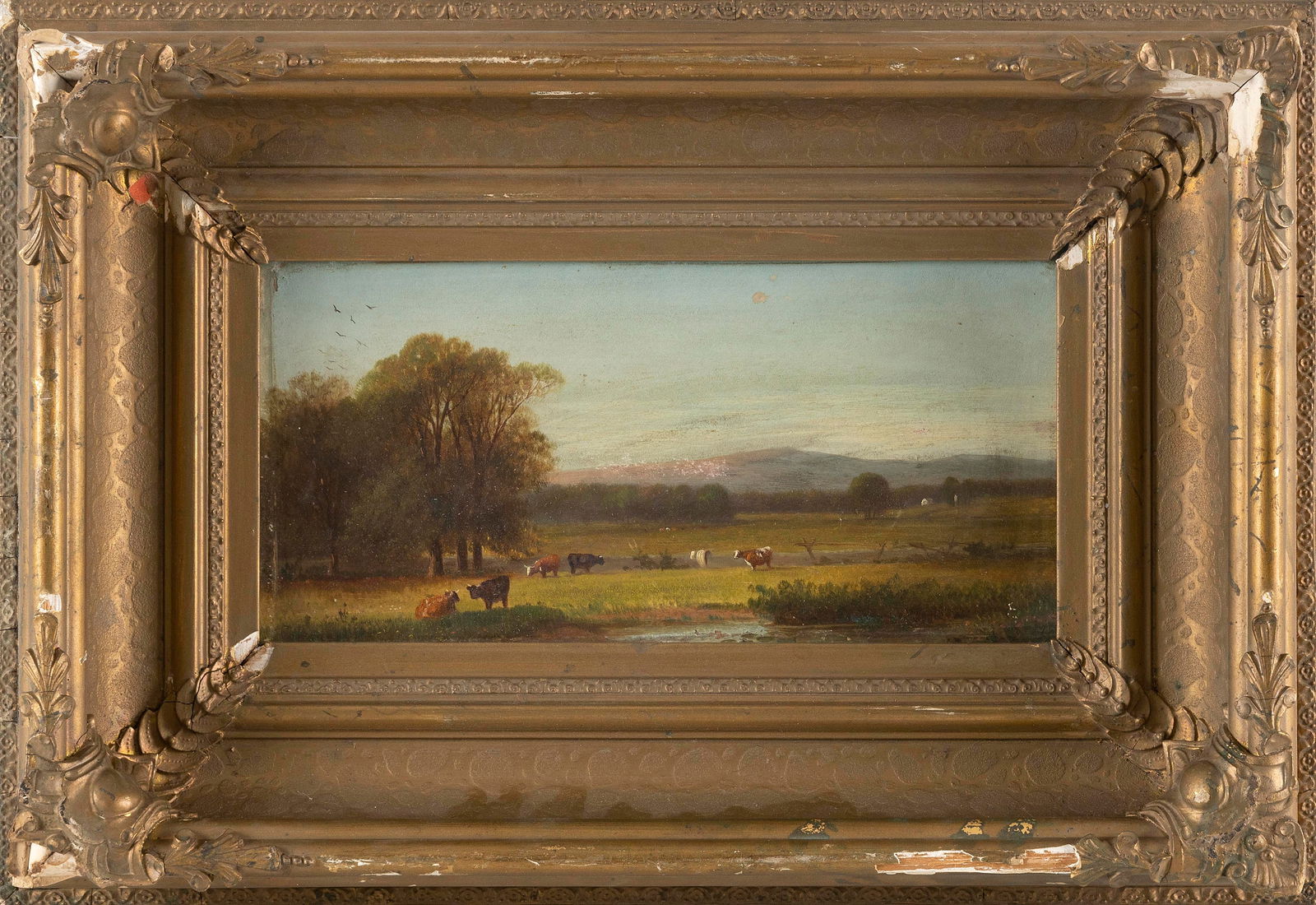 AMERICAN SCHOOL (19th Century,), Landscape with cows., Oil on board, 6" x 12". Framed 13" x 19". (1 of 2)
