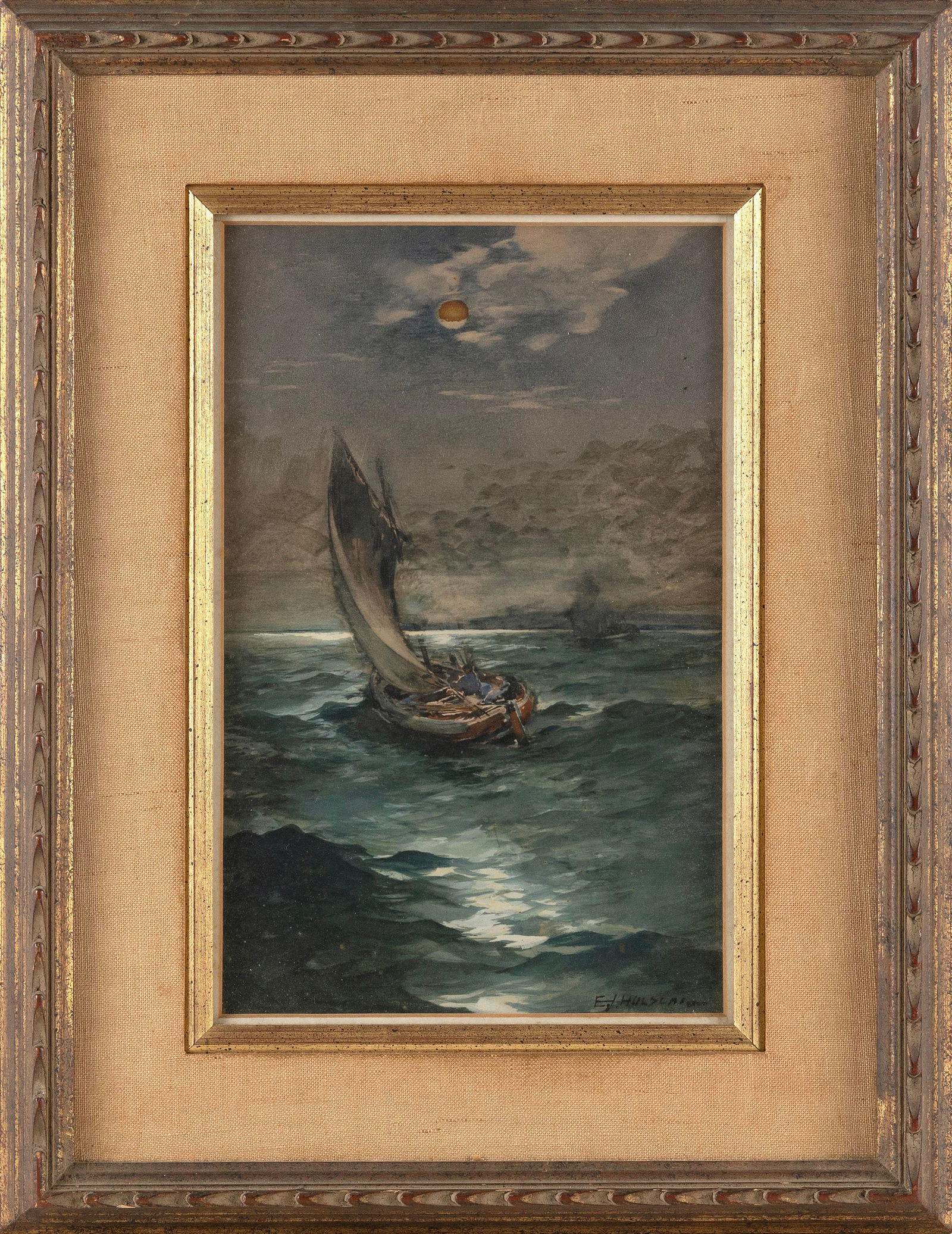 EDWARD JOSEPH HOLSLAG (Illinois/California, 1870-1924), Moonlit sail., Watercolor on paper, 12" x (1 of 2)