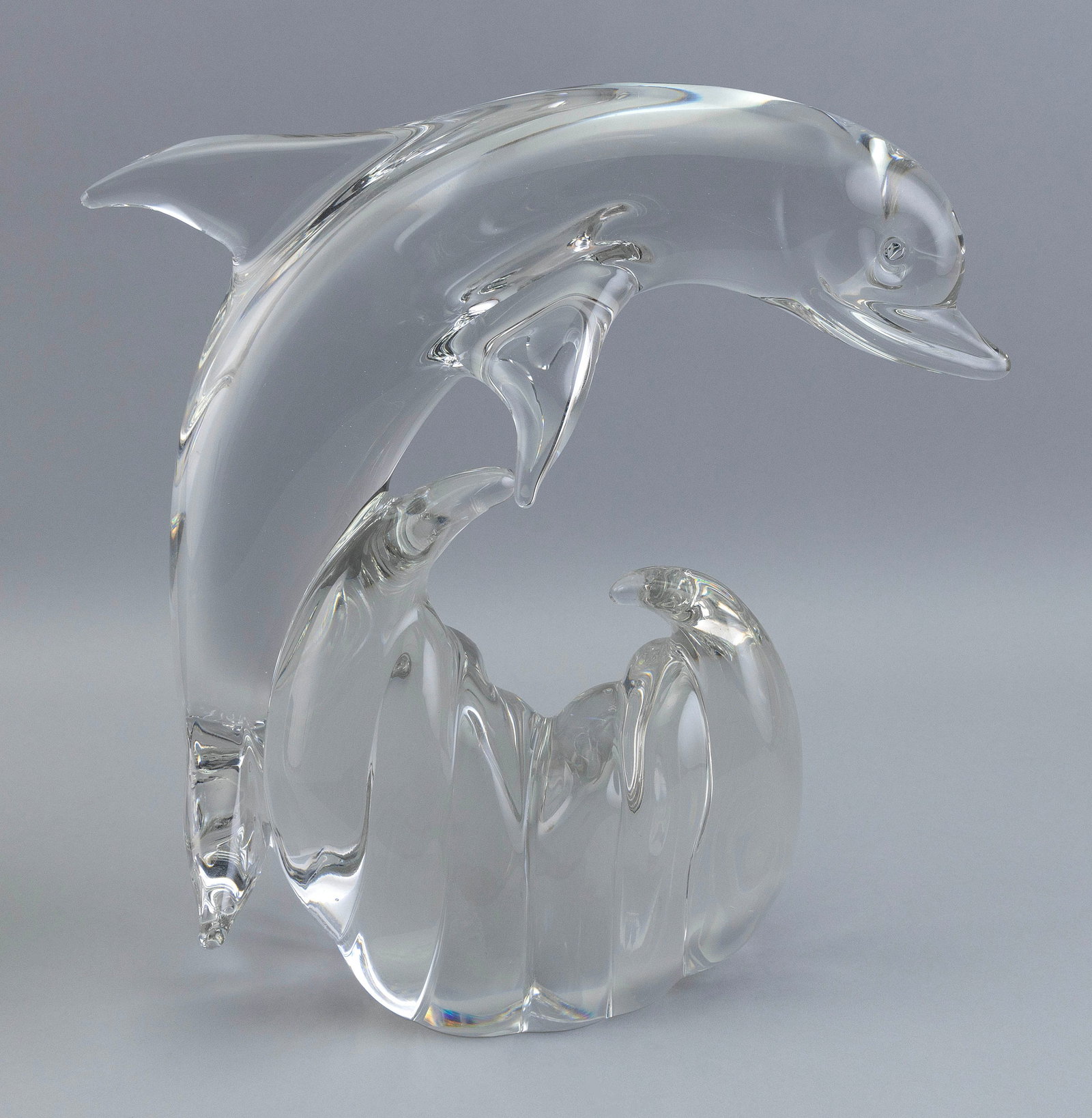 GLASS DOLPHIN SCULPTURE Italy, Contemporary Height 12.75". Length 12".: GLASS DOLPHIN SCULPTURE Italy, Contemporary Leaping over a wave. Height 12.75". Length 12".