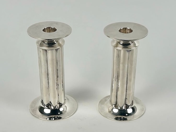 PAIR OF ROBERT A.M. STERN FOR SWID POWELL "CENTURY" SILVER PLATED CANDLESTICKS Italy, Circa 1985 (1 of 3)