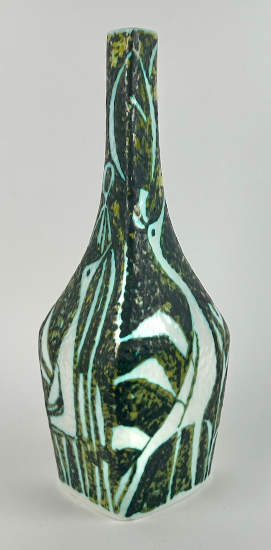 ALESSIO TASCA (Italy, 1929-), Bottleneck vase with white and mottled green glaze modernist bird (1 of 4)