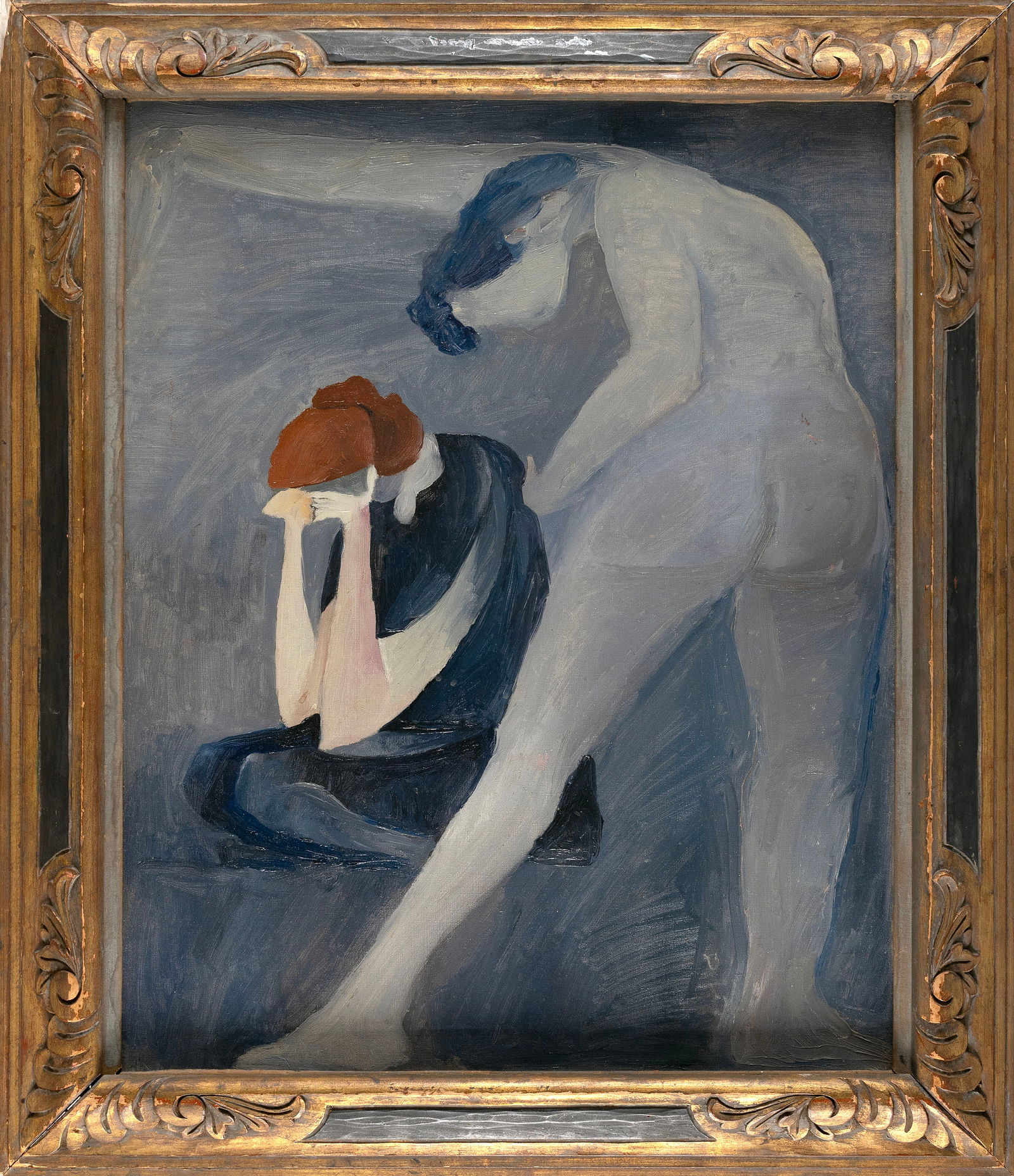 AMERICAN SCHOOL (Mid-20th Century,), Two figures against a gray ground., Oil on canvas, 30" x 24". (1 of 2)