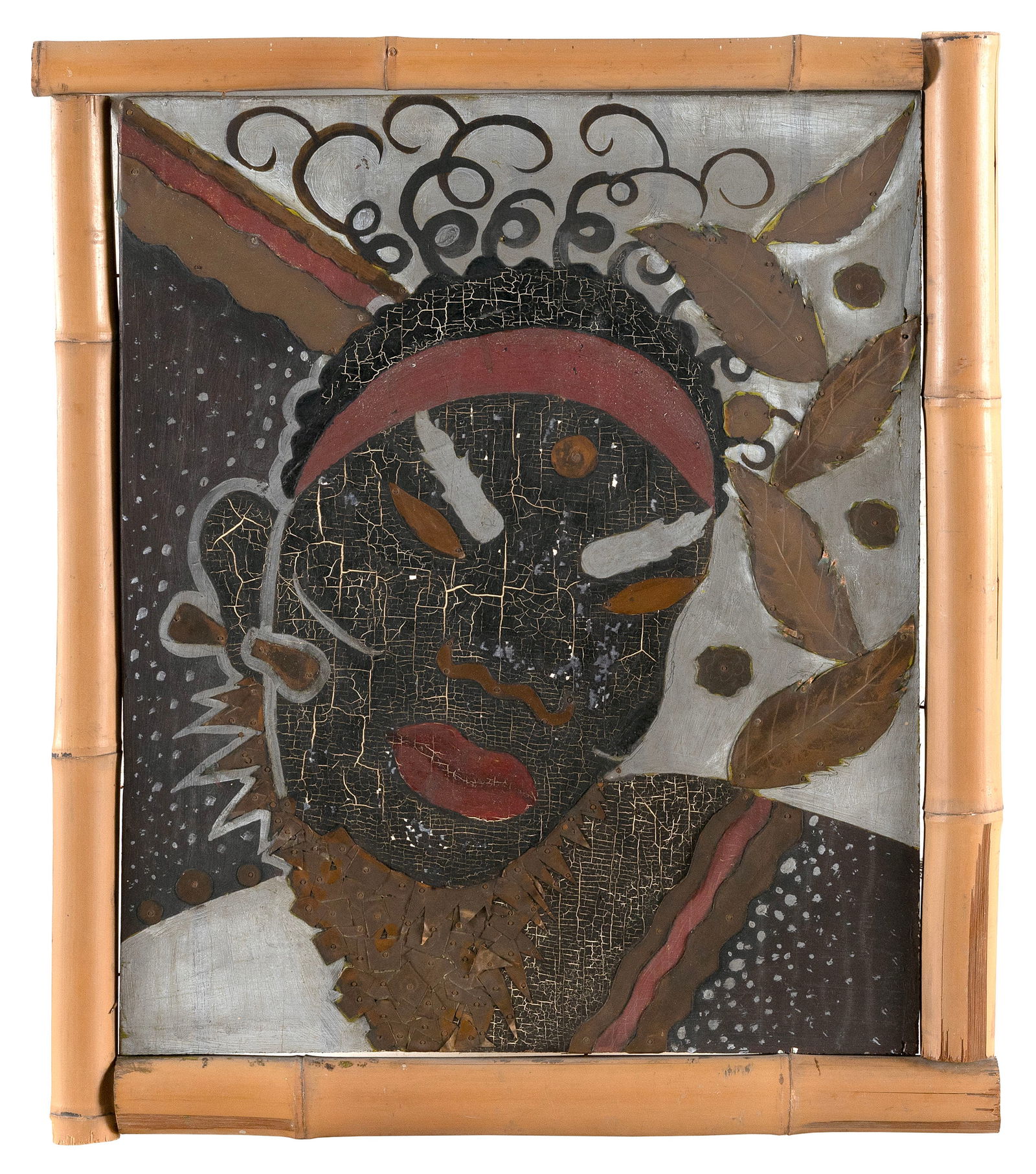 AMERICAN SCHOOL (20th Century,), Art Deco-style portrait of a woman., Mixed media with copper on (1 of 2)