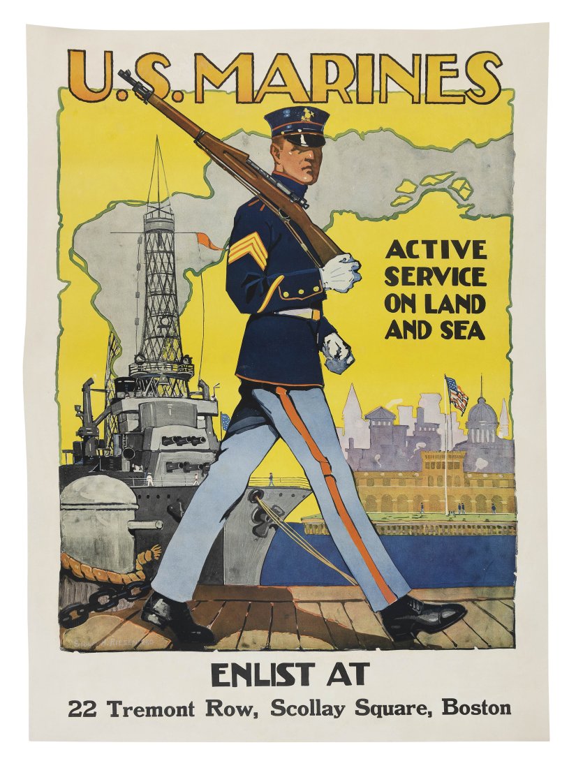 WORLD WAR I U.S. MARINES ENLISTMENT POSTER BY SYDNEY REISENBERG Circa 1917 39.5" x 28.5". Unframed. (1 of 1)