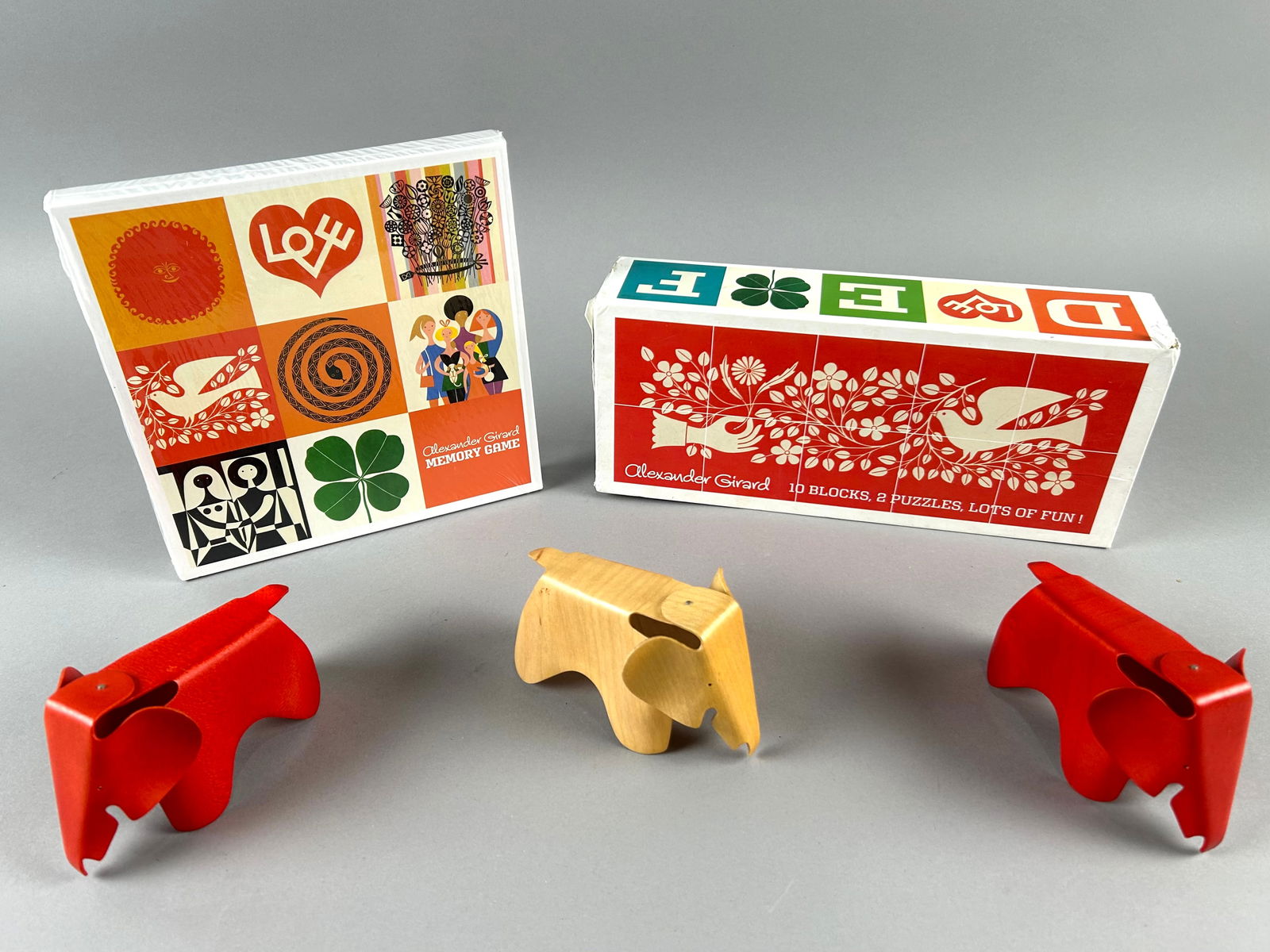 TWO ALEXANDER GIRARD TOYS AND THREE MINIATURE EAMES ELEPHANTS 20/21st Century (1 of 4)