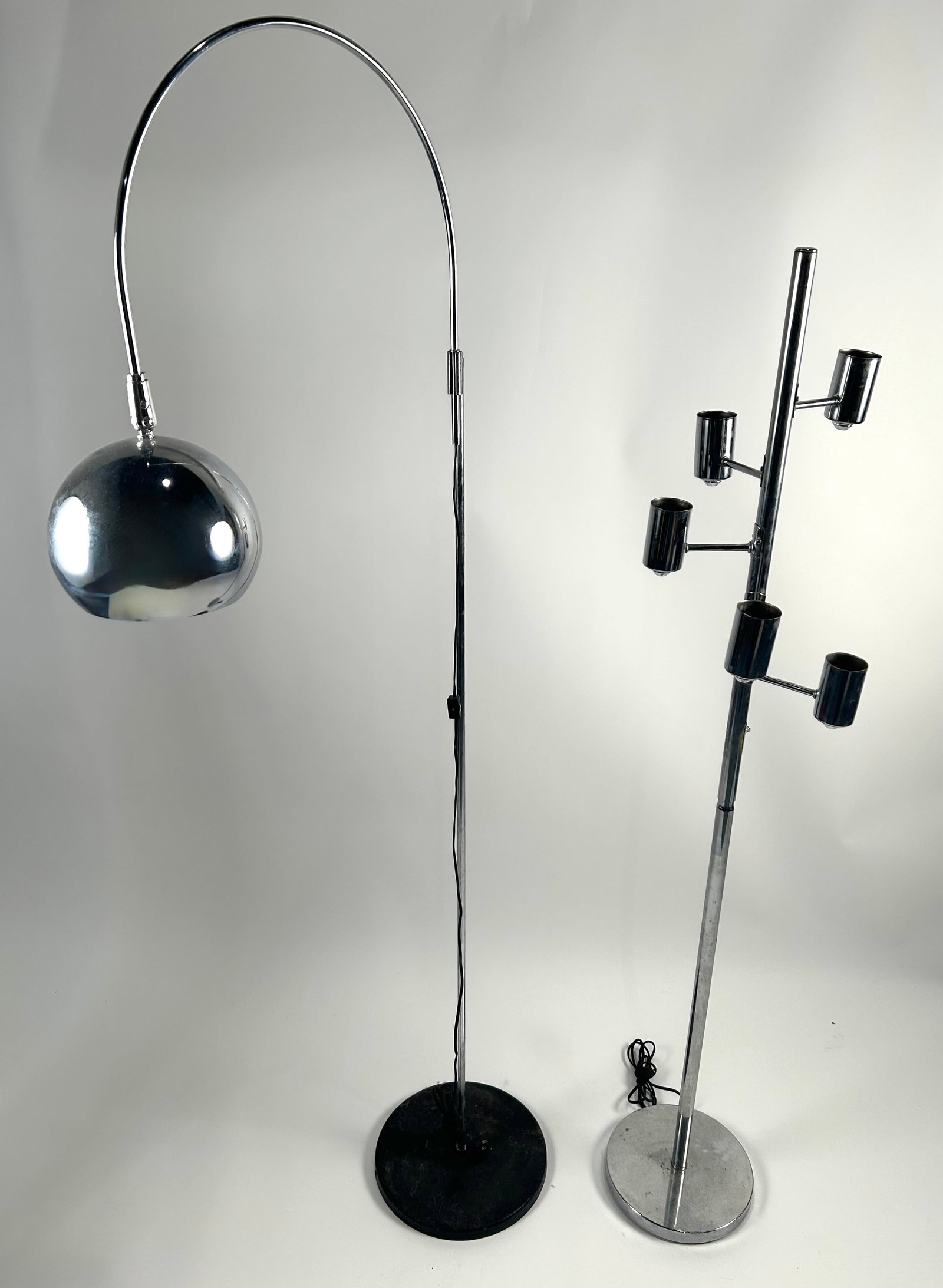 TWO MID-CENTURY CHROME FLOOR LAMPS Heights 60" and 68". (1 of 1)