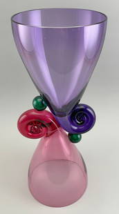 RICHARD ROYAL STUDIO "RELATIONSHIP SERIES" GLASS SCULPTURE Seattle, Circa 1970 Height 21.5".: RICHARD ROYAL STUDIO "RELATIONSHIP SERIES" GLASS SCULPTURESeattle, Circa 1970Amethyst, green and pink. Signed on base "Richard Royal".Height 21.5".