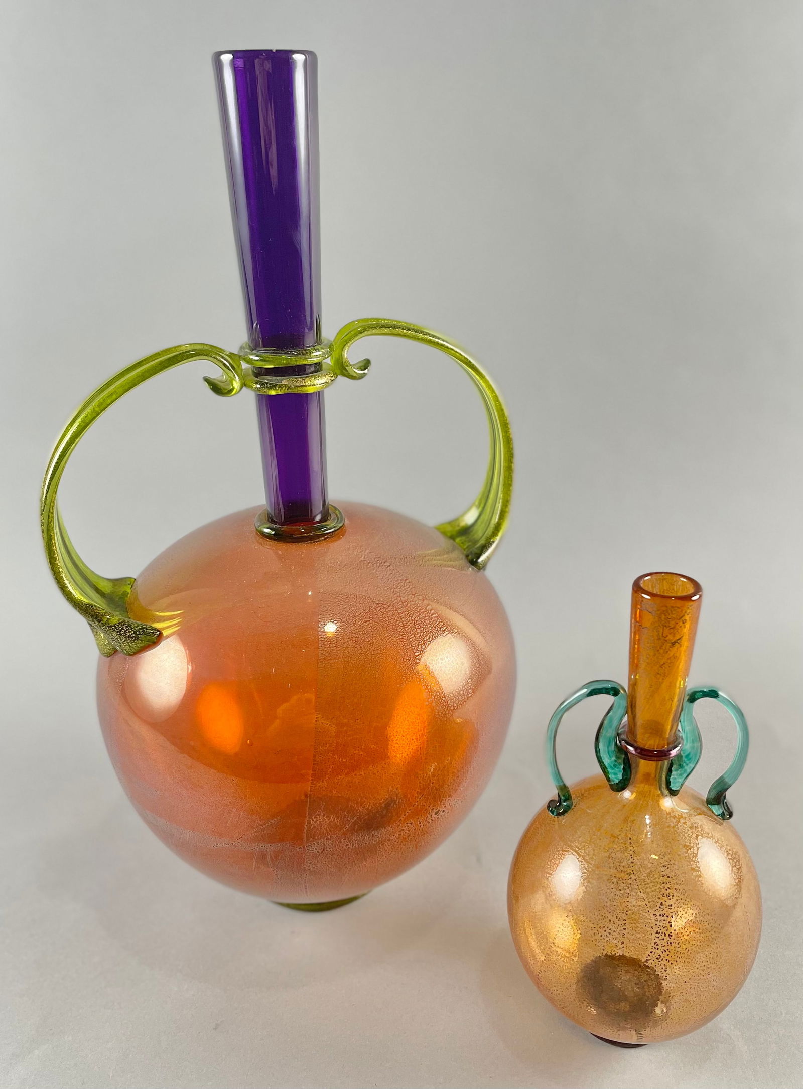 TWO MICHAEL SCHUNKE ART GLASS AMPHORA Late 20th Century Heights 10" and 18". (1 of 7)