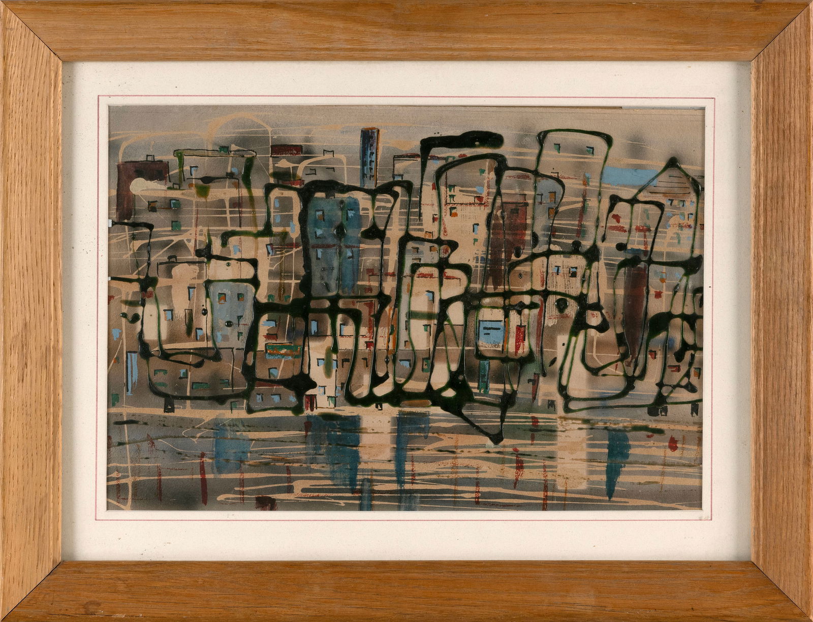 MODERN SCHOOL (20th Century,), Abstract cityscape on the water., Mixed media, 11" x 16" sight. (1 of 2)