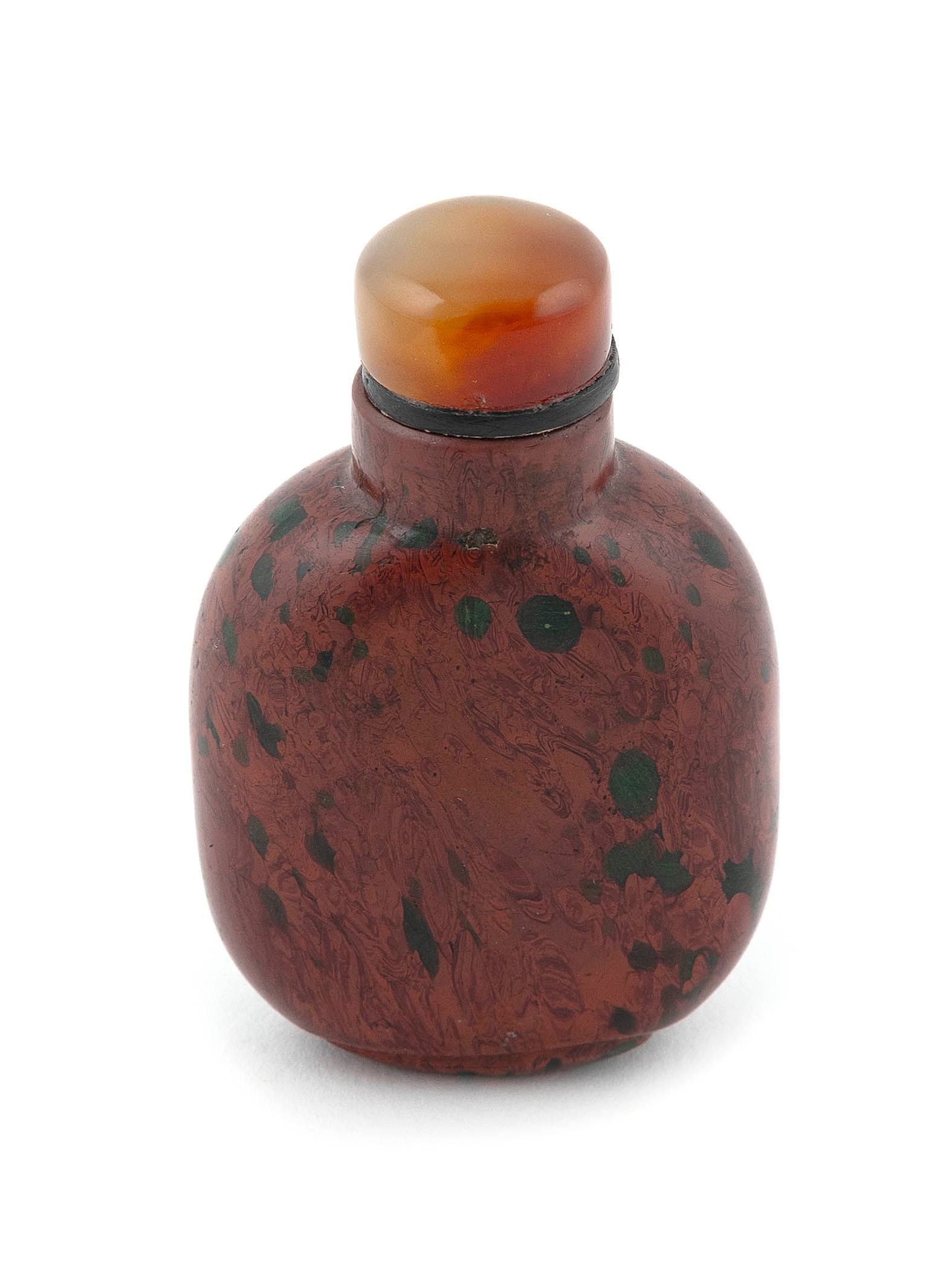 CHINESE RED AND GREEN PUDDINGSTONE SNUFF BOTTLE Late 19th/Early 20th Century Height 2.25". Agate (1 of 3)