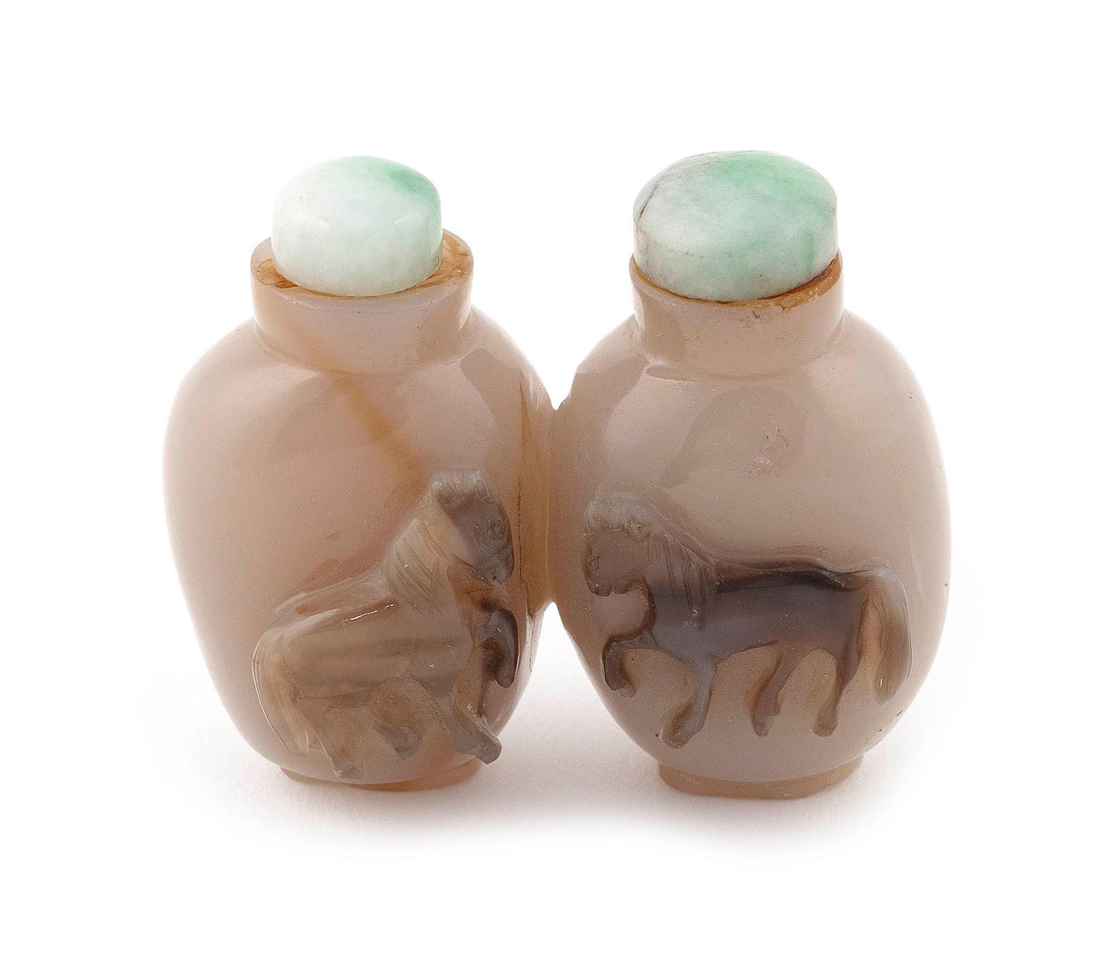CHINESE CARVED AGATE DOUBLE SNUFF BOTTLE Late 19th Century Height 2". Celadon stoppers. (1 of 3)