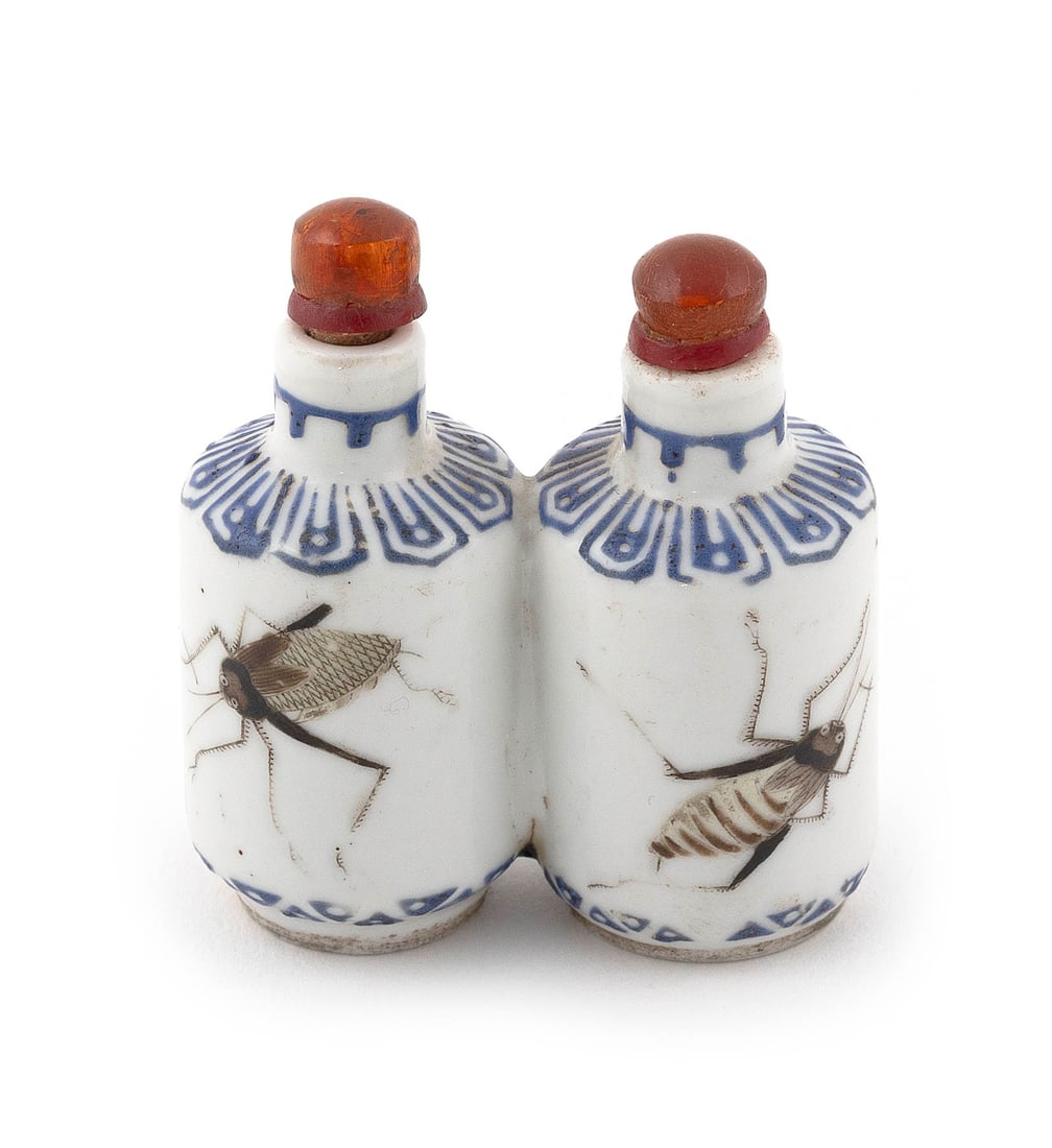 CHINESE PAINTED PORCELAIN DOUBLE SNUFF BOTTLE 19th Century Height 2". Amber stoppers. (1 of 9)