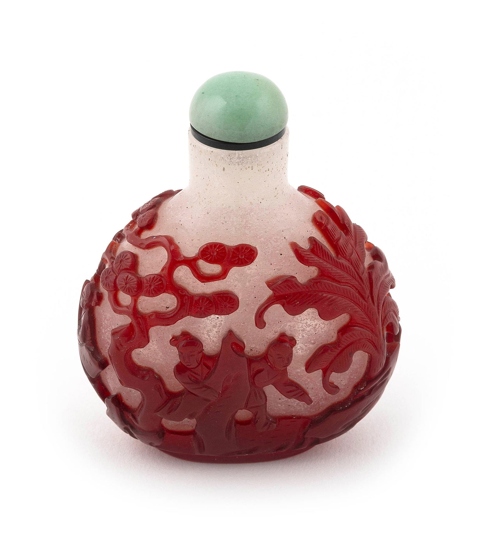CHINESE RED CUT TO SNOWFLAKE OVERLAY GLASS SNUFF BOTTLE Late 19th Century Height 2.25". Celadon (1 of 9)