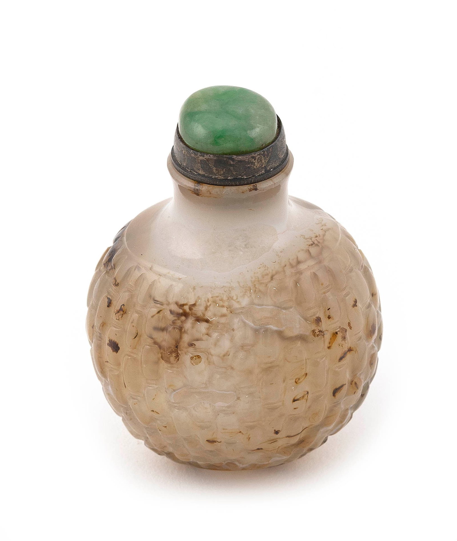 CHINESE CARVED AGATE SNUFF BOTTLE Late 19th Century Height 2.5". Green stone stopper.: CHINESE CARVED AGATE SNUFF BOTTLE Late 19th Century Ovoid form with basketwork design. Height 2.5". Green stone stopper.