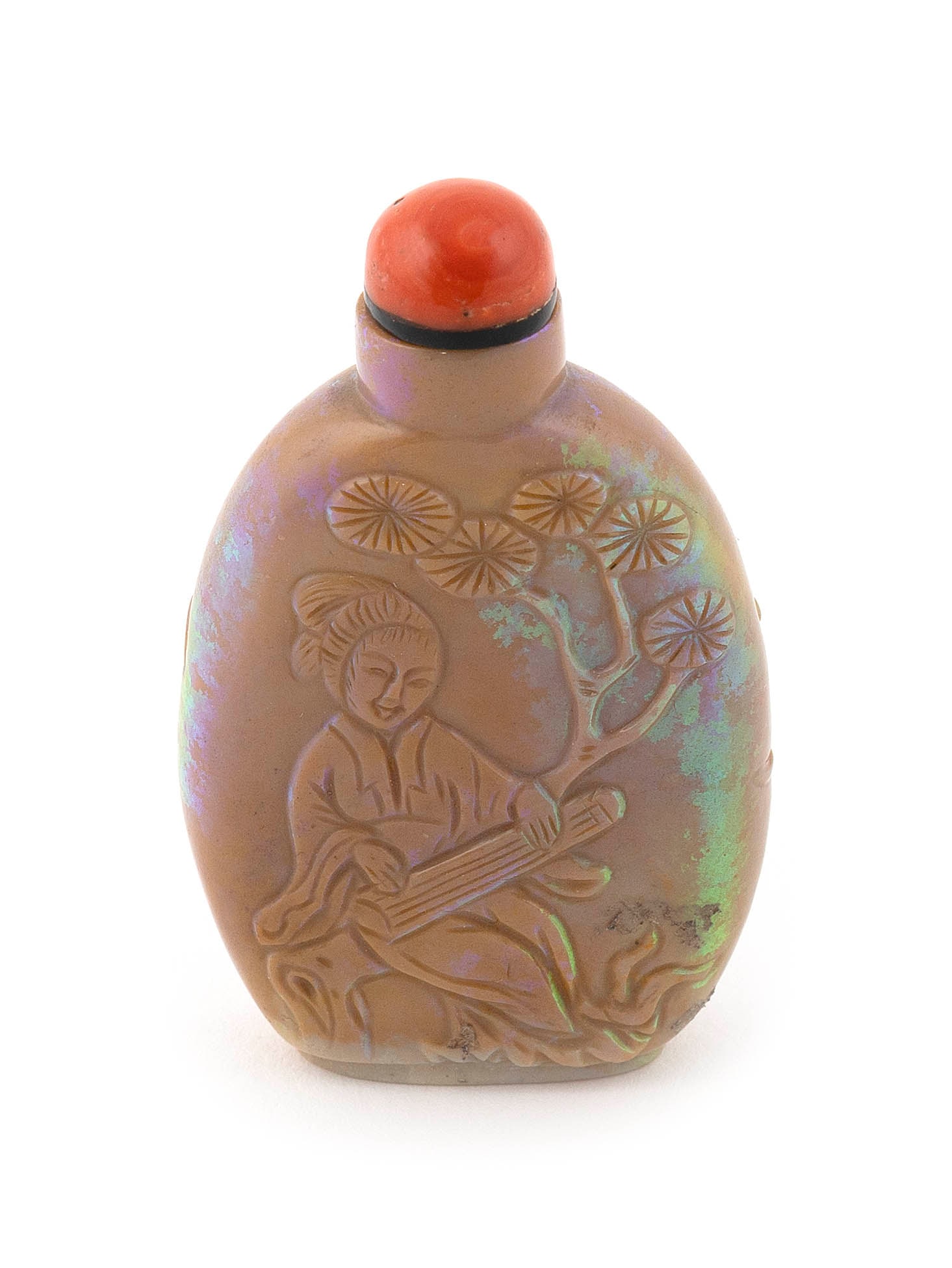 CHINESE CARVED OPAL SNUFF BOTTLE 19th Century Height 2.25". Coral stopper. (1 of 4)