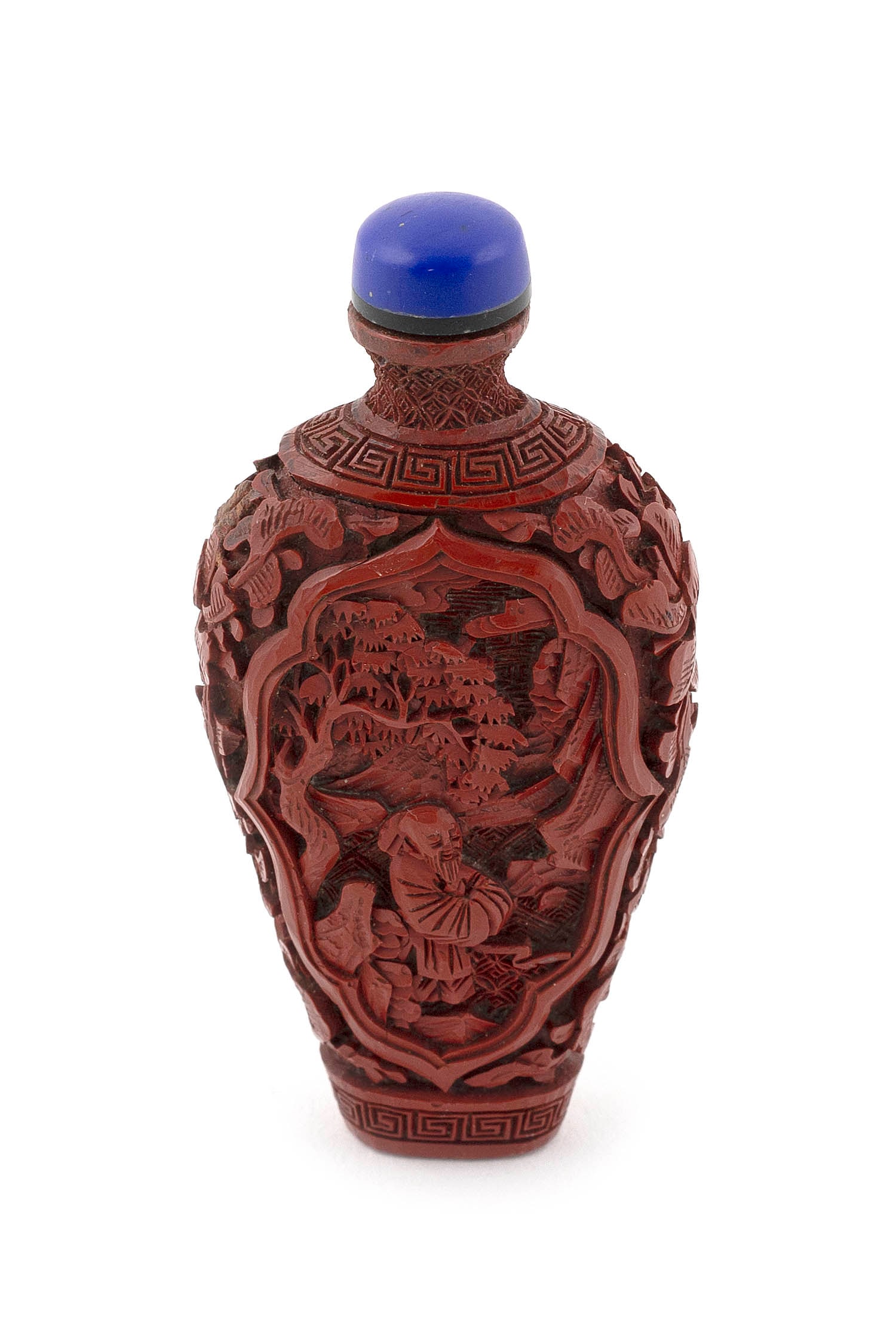 CHINESE CARVED CINNABAR SNUFF BOTTLE Early 20th Century Height 2.75". Blue glass stopper. (1 of 3)