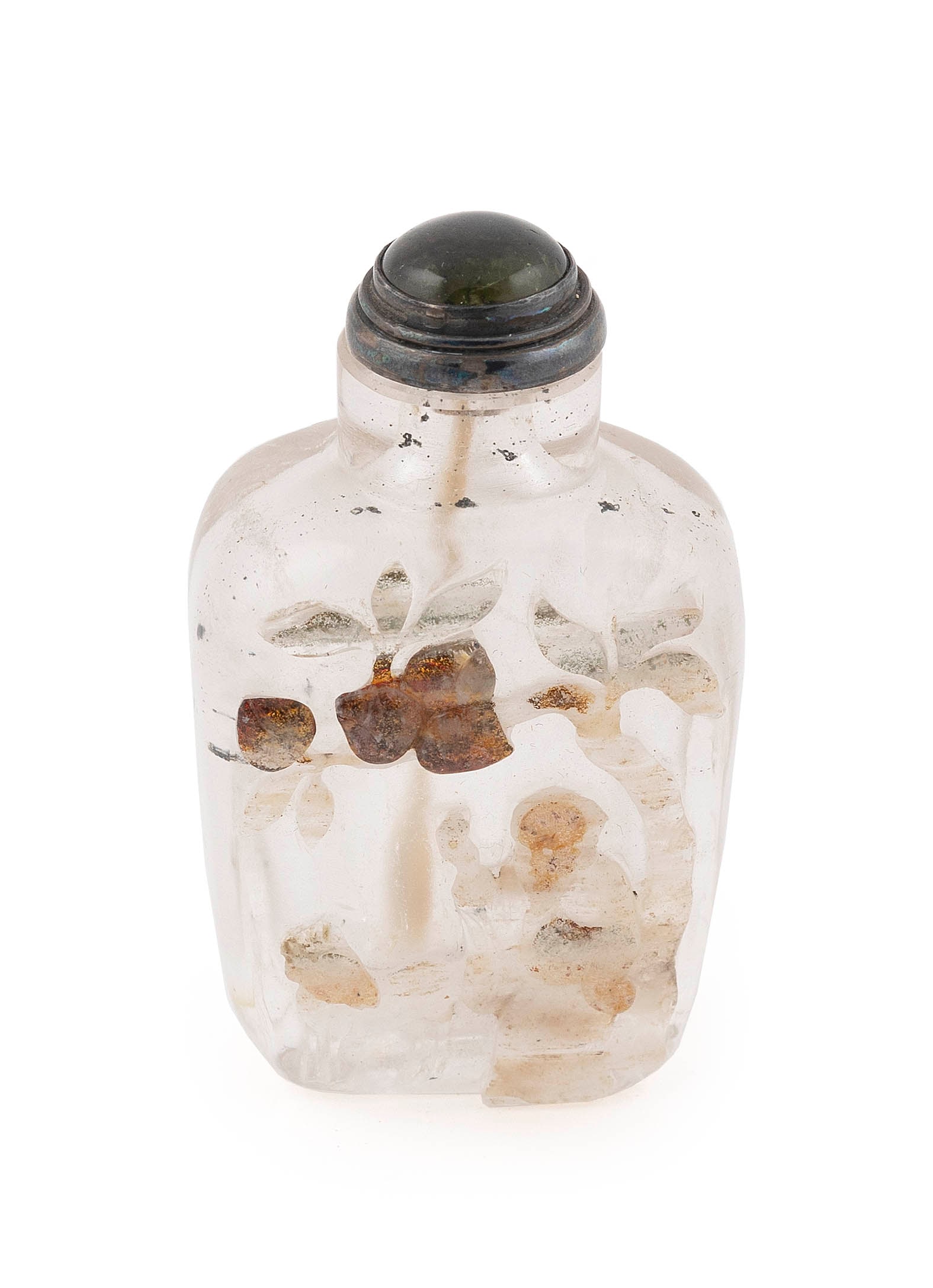CHINESE CARVED ROCK CRYSTAL SNUFF BOTTLE Late 19th Century Height 2.5". Green stone stopper.: CHINESE CARVED ROCK CRYSTAL SNUFF BOTTLE Late 19th Century Obverse with raised decoration of a sage and deer under a peach tree, utilizing the natural skin tones. Reverse with raised prunus tree decor