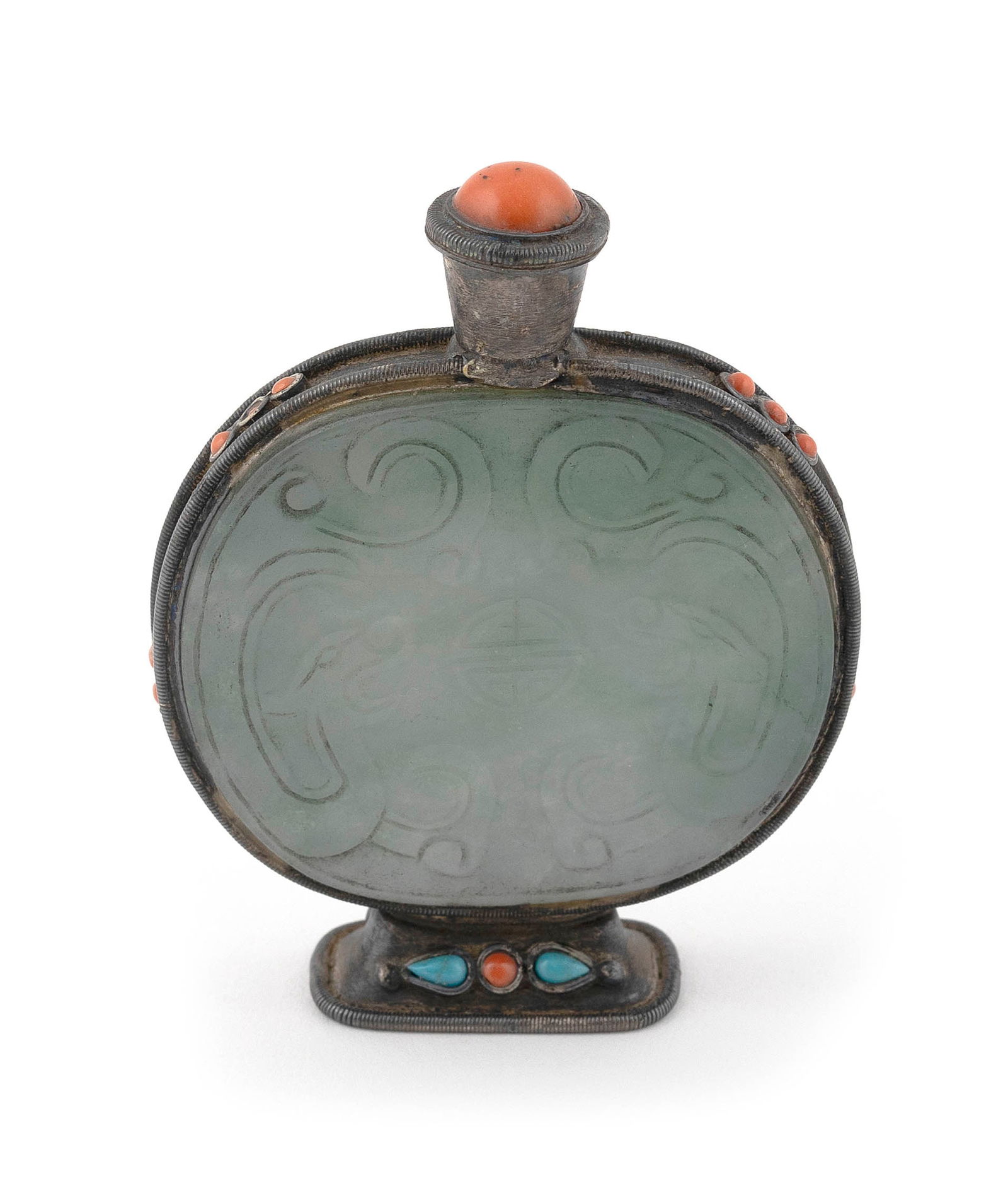 CHINESE CARVED LIGHT CELADON HARDSTONE SNUFF BOTTLE Late 19th Century Height 3". Coral stopper. (1 of 3)