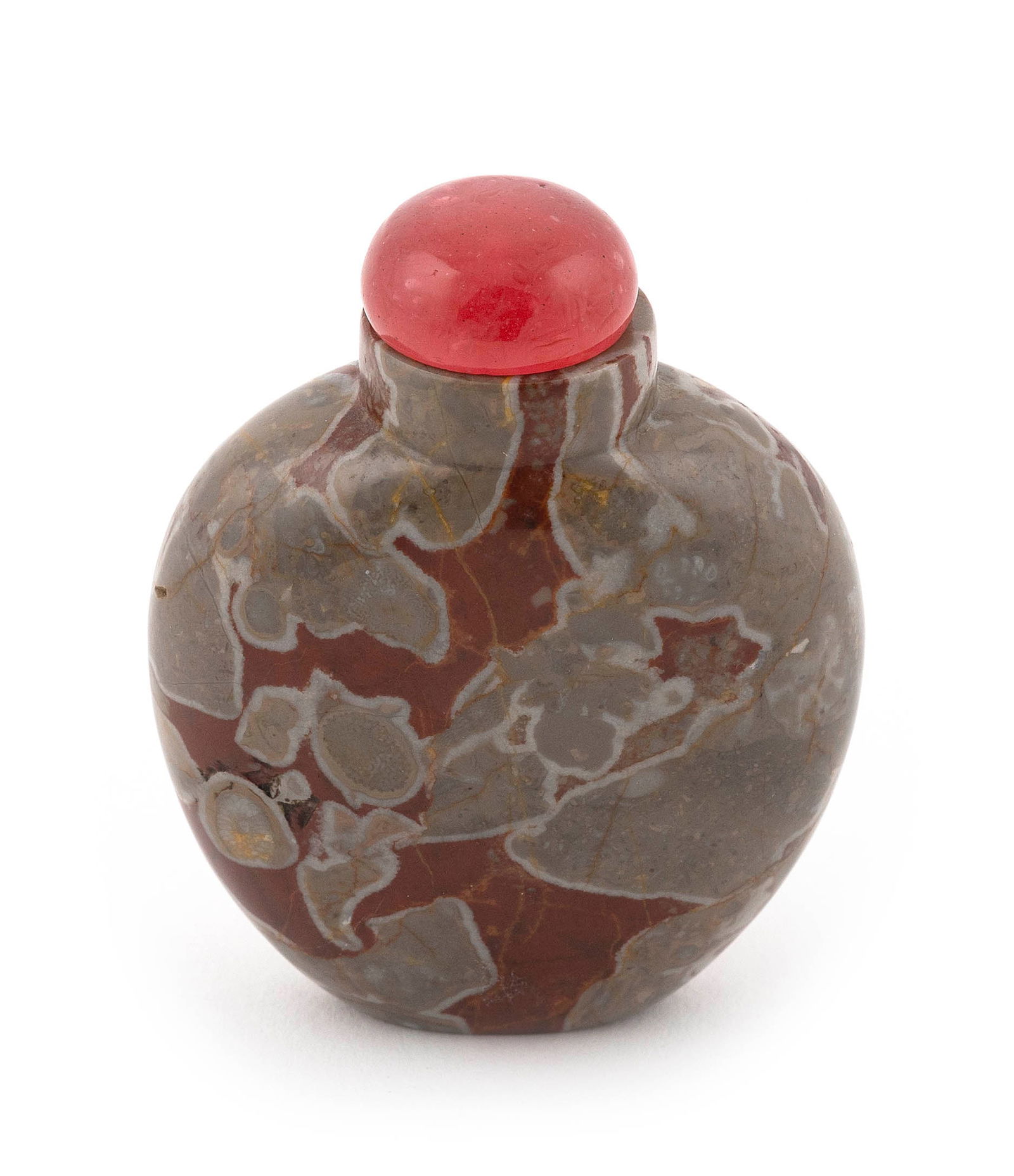 CHINESE PUDDINGSTONE SNUFF BOTTLE Late 19th/Early 20th Century Height 2.5". Pink stopper. (1 of 9)