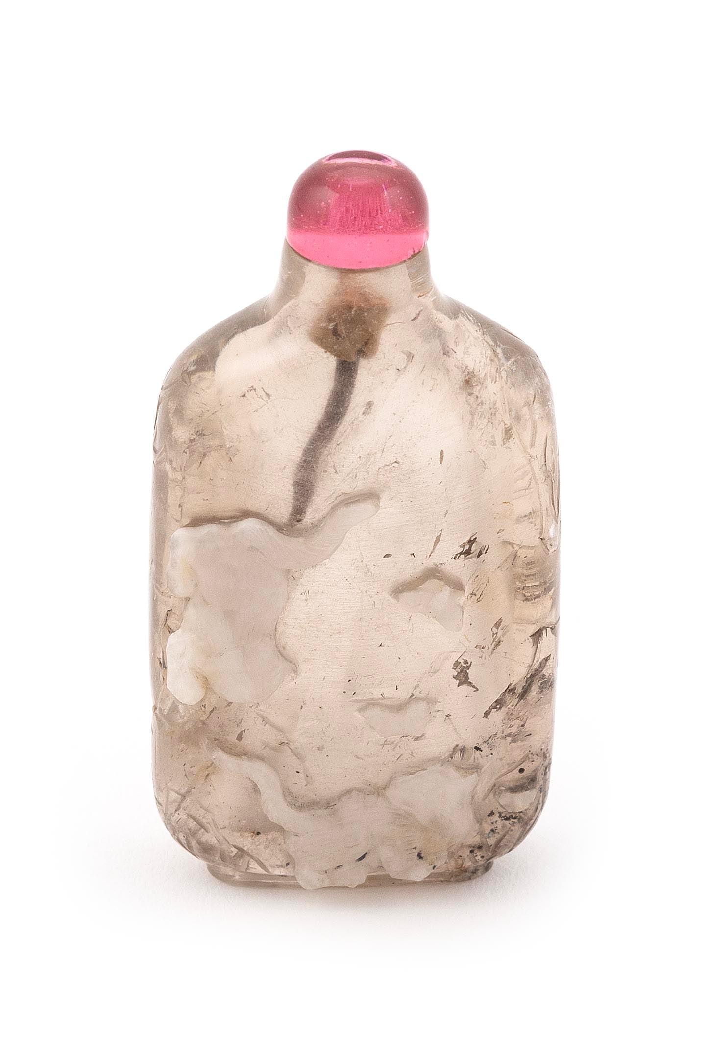 CHINESE CARVED ROCK CRYSTAL SNUFF BOTTLE Late 19th Century Height 2.5". Pink stone stopper. (1 of 3)