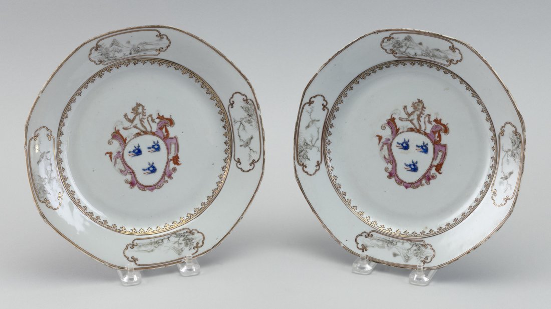 PAIR OF CHINESE EXPORT ARMORIAL CERAMIC PLATES 19th Century Diameters 9". (1 of 2)