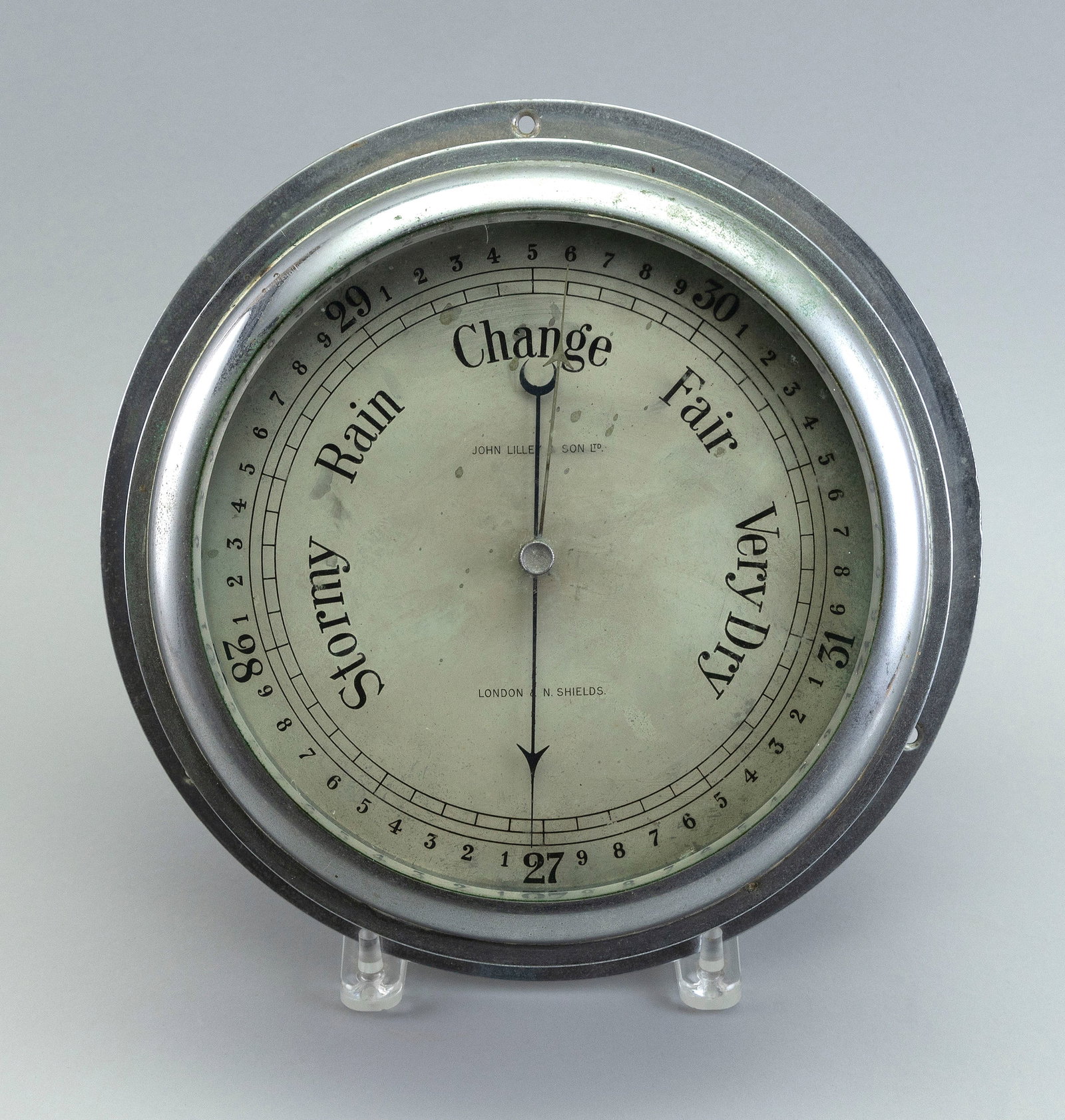 ENGLISH ANEROID BAROMETER 20th Century Case diameter 11". Face diameter 7.25". (1 of 2)