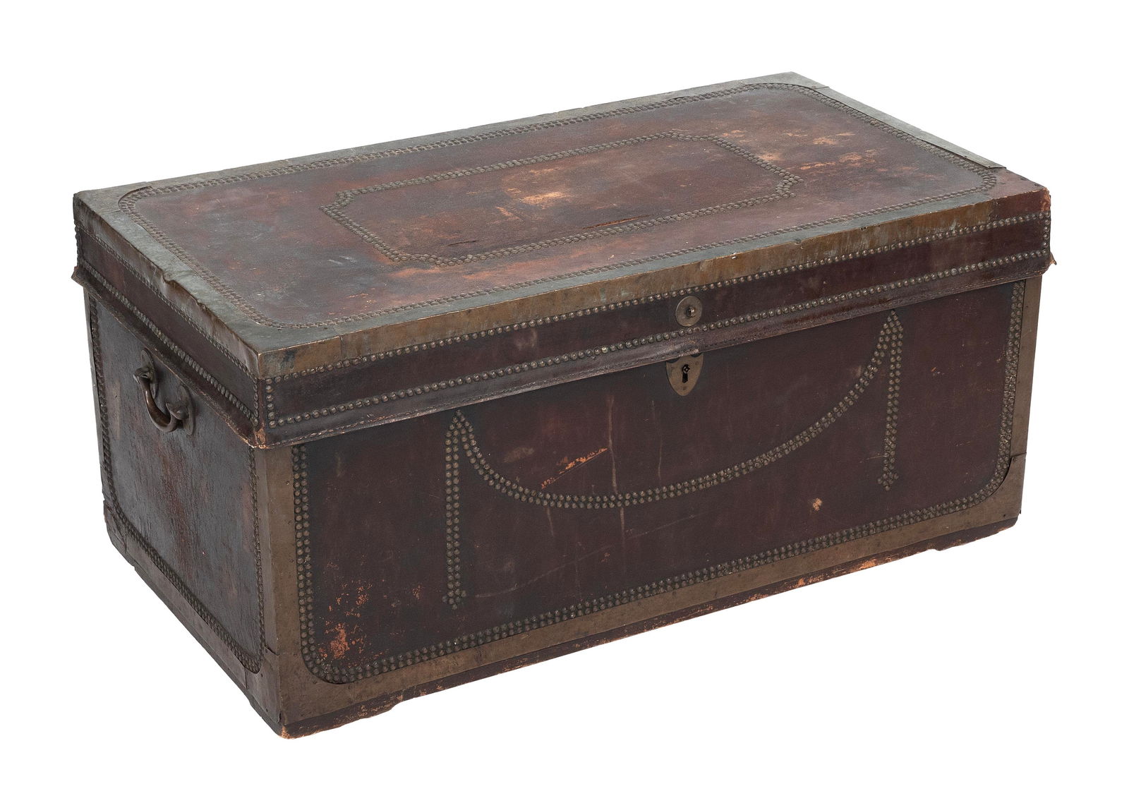 BRASS-BOUND LEATHER-COVERED CAMPHORWOOD TRUNK 19th Century Height 18.25". Width 39". Depth 18". (1 of 2)
