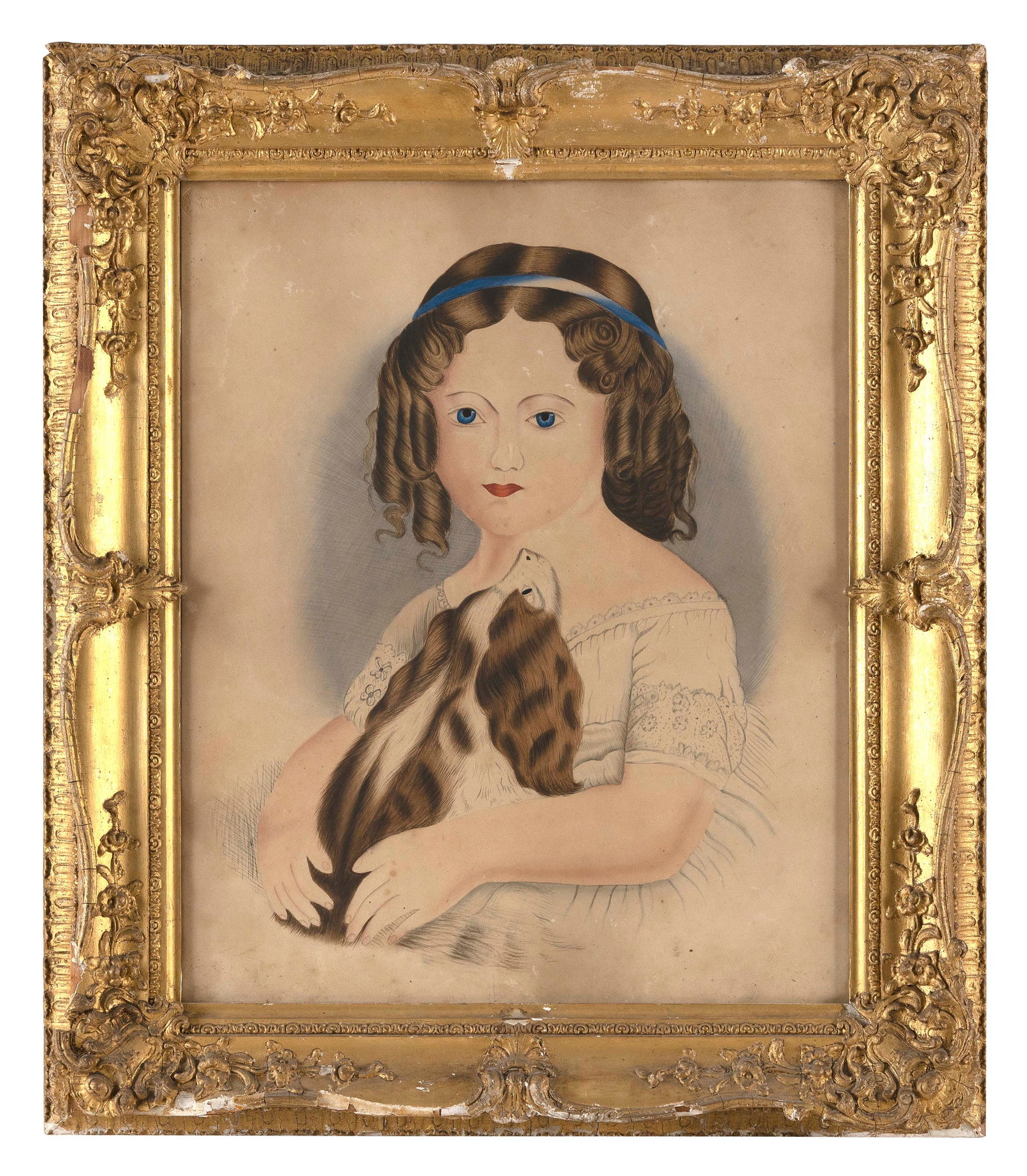 WATERCOLOR OF A YOUNG GIRL AND A SMALL DOG 19th Century 18" x 14.5". Framed 24" x 21". (1 of 2)