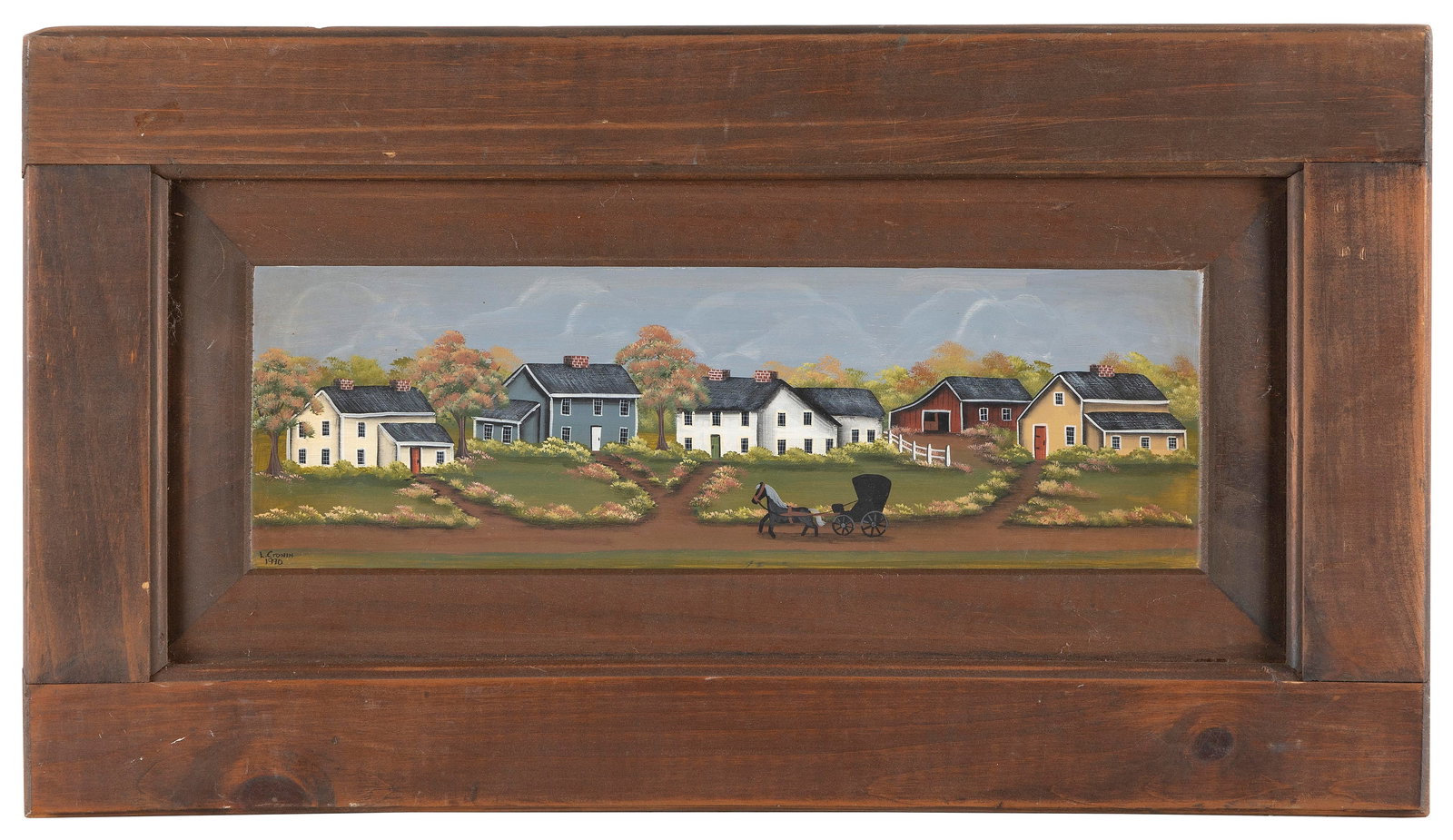 PRIMITIVE PAINTING OF A HORSE-DRAWN CARRIAGE IN FRONT OF HOUSES Contemporary Oil on board, 5" x 15". (1 of 2)