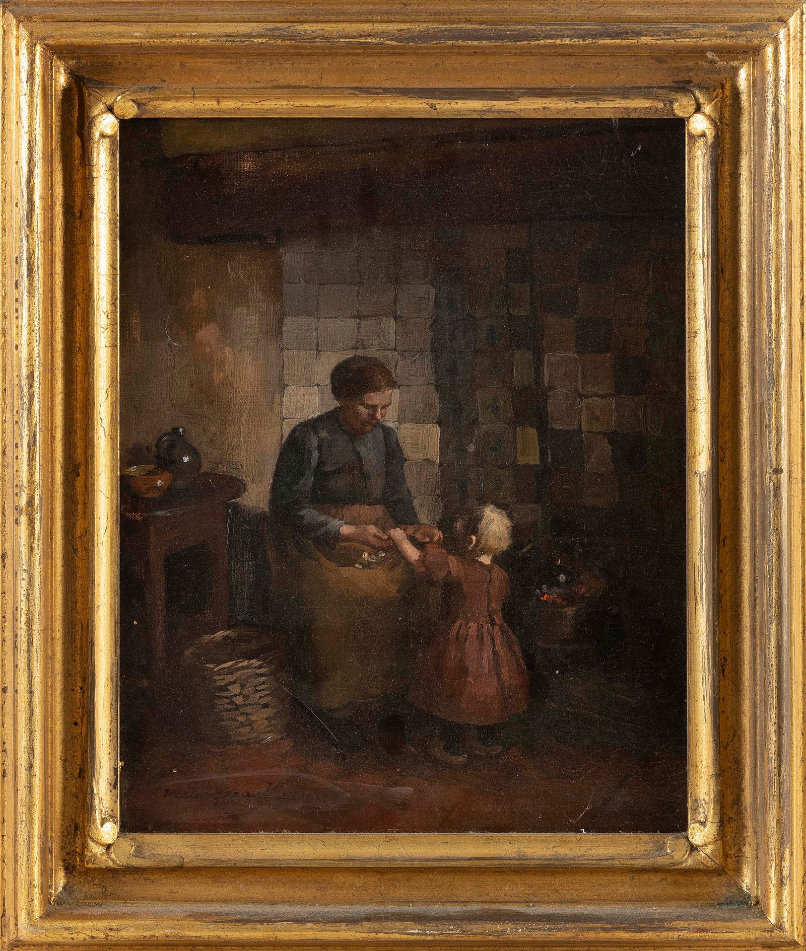 AMERICAN SCHOOL (Late 19th Century,), Mother and child in a kitchen., Oil on canvas, 12.5" x 10". (1 of 3)